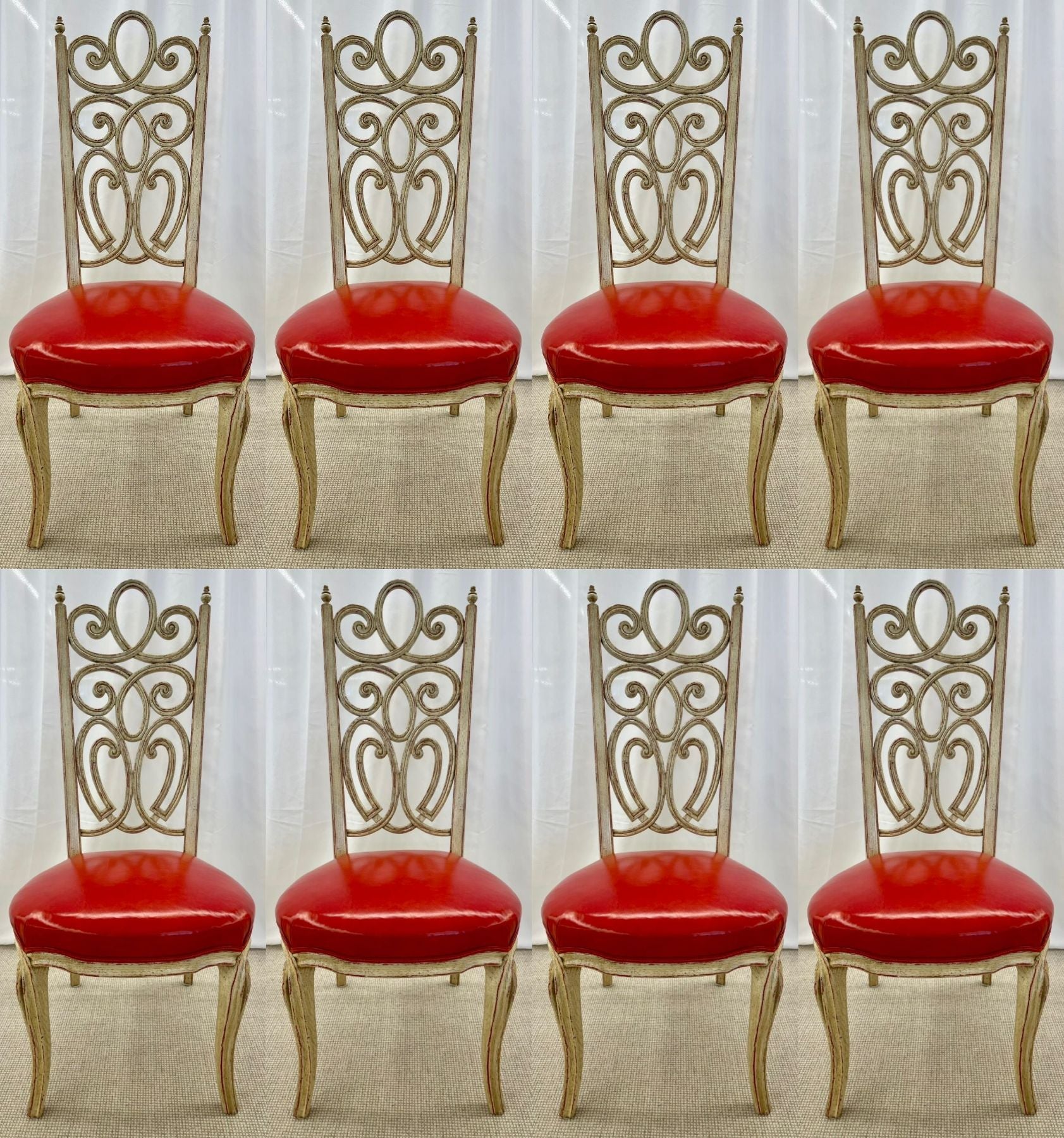 Set von acht Louis Pistono-Esszimmerstühlen im Hollywood-Regency-Stil im Used-Stil