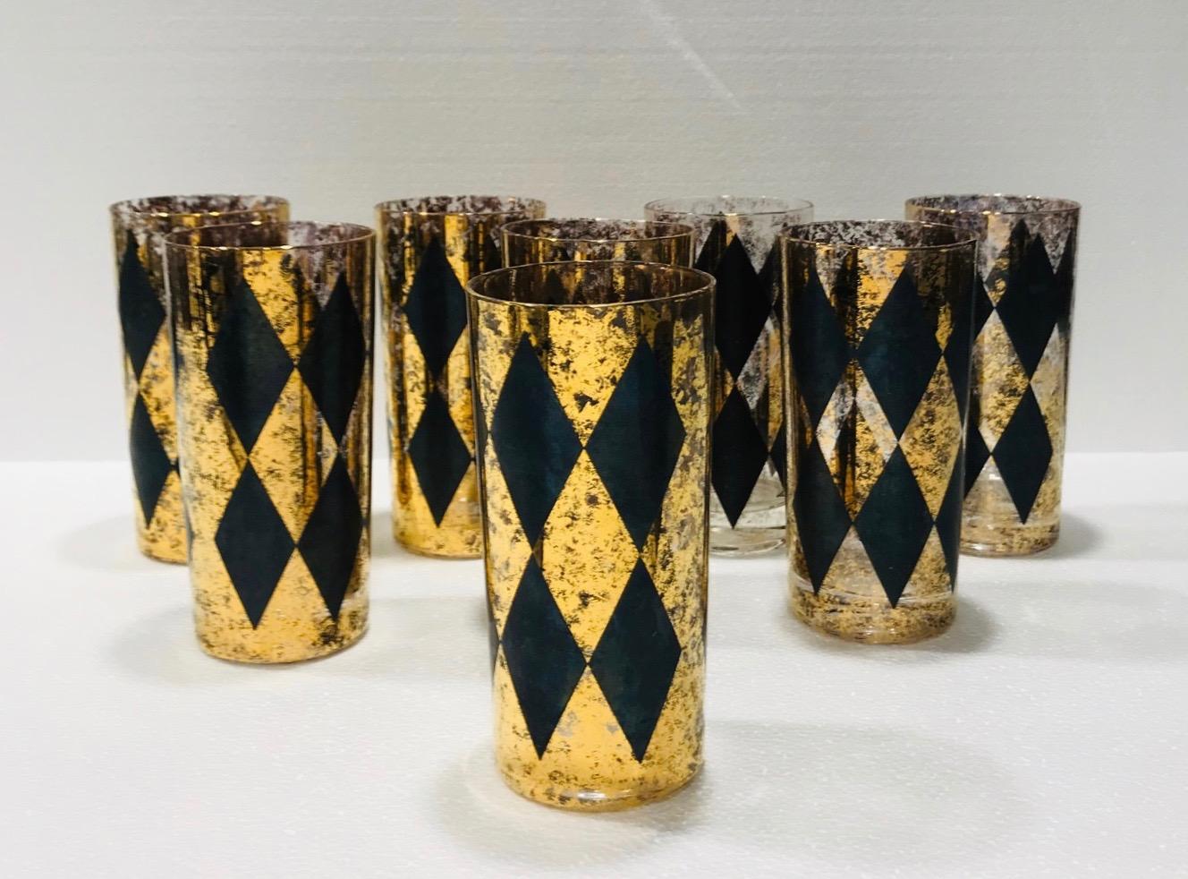 Set of Eight Hollywood Regency Tom Collins Barware Glasses in Gold & Black, 1960 3