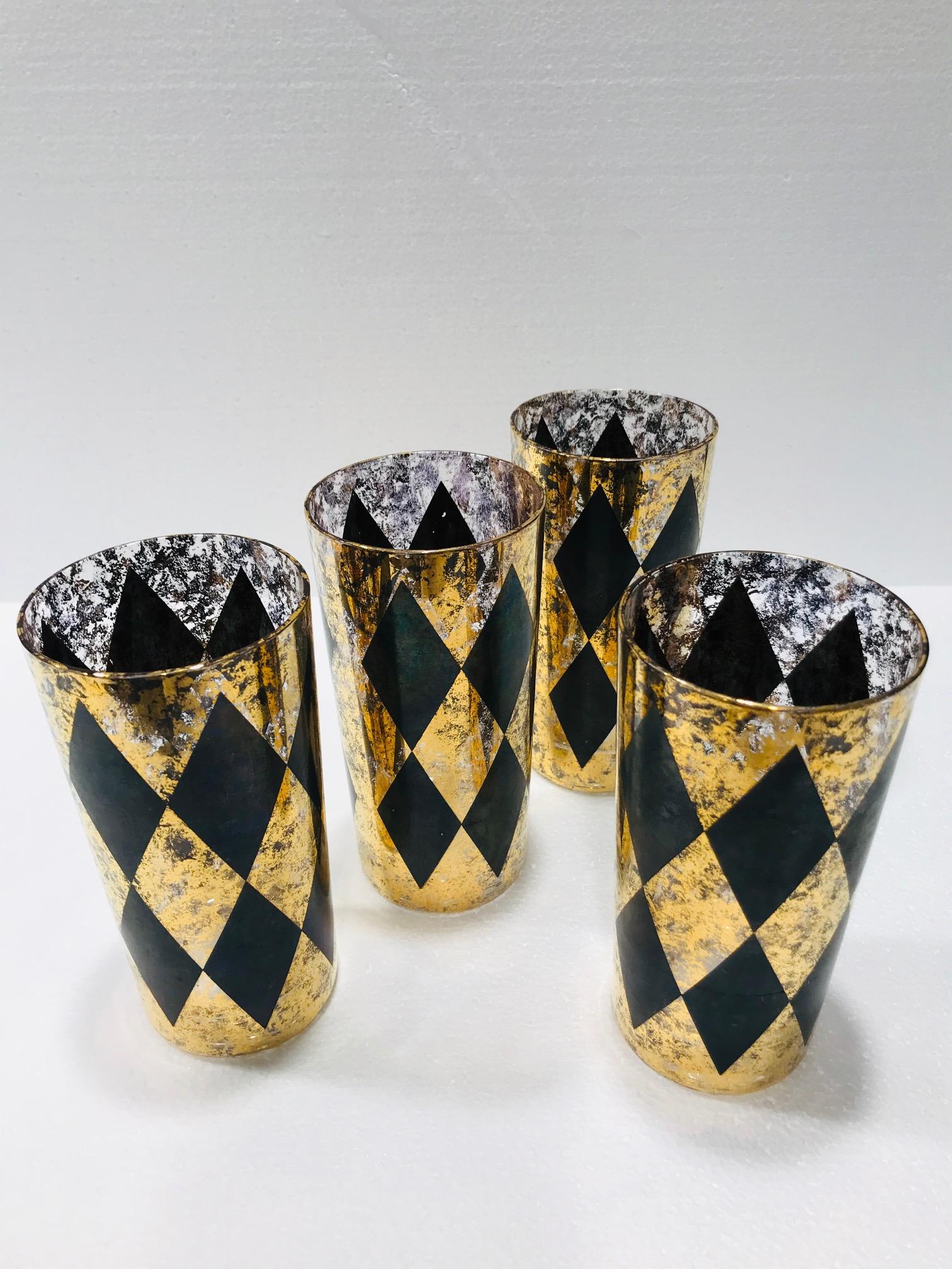 Mid-Century Modern Set of Eight Hollywood Regency Tom Collins Barware Glasses in Gold & Black, 1960