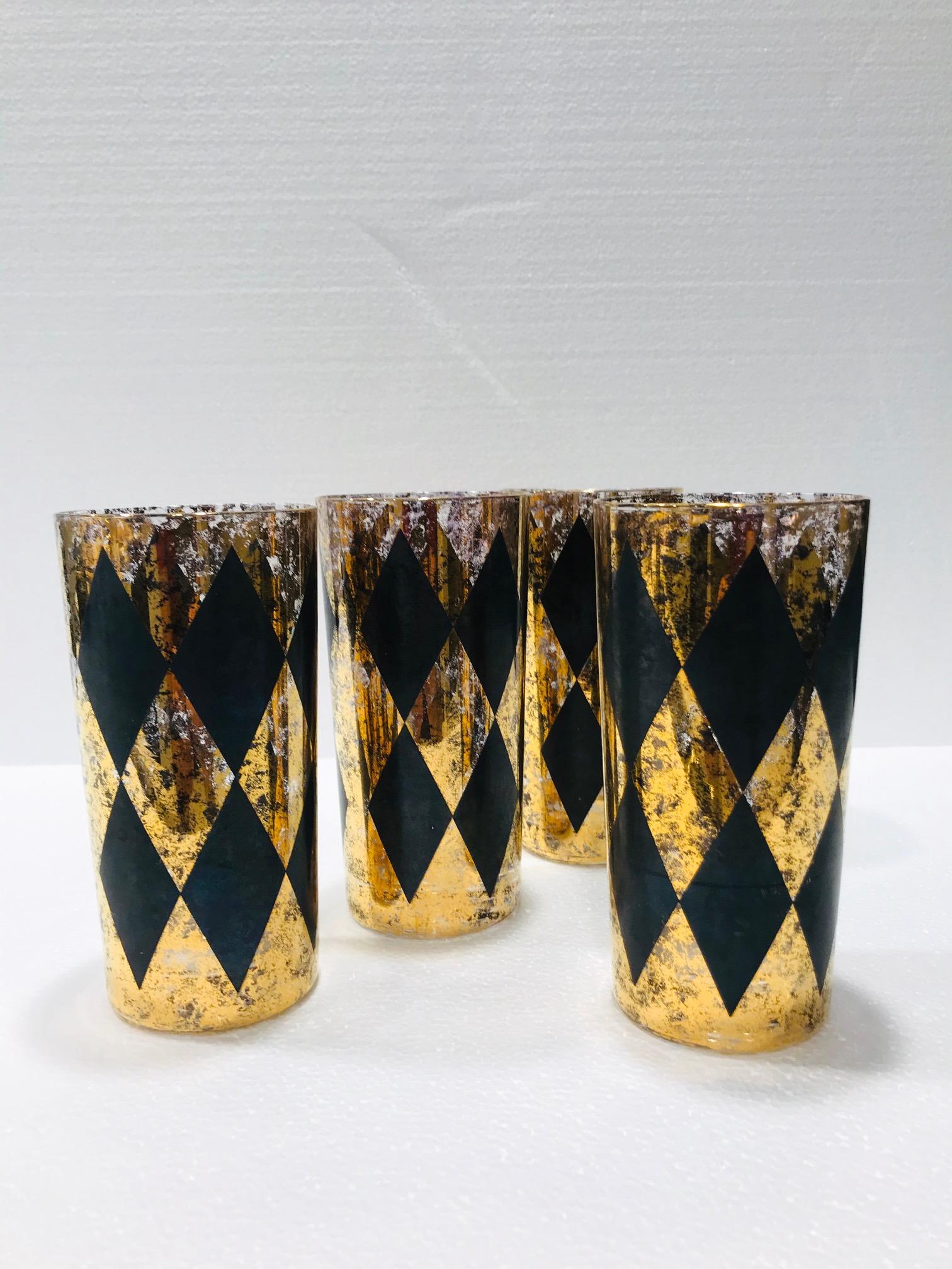 American Set of Eight Hollywood Regency Tom Collins Barware Glasses in Gold & Black, 1960