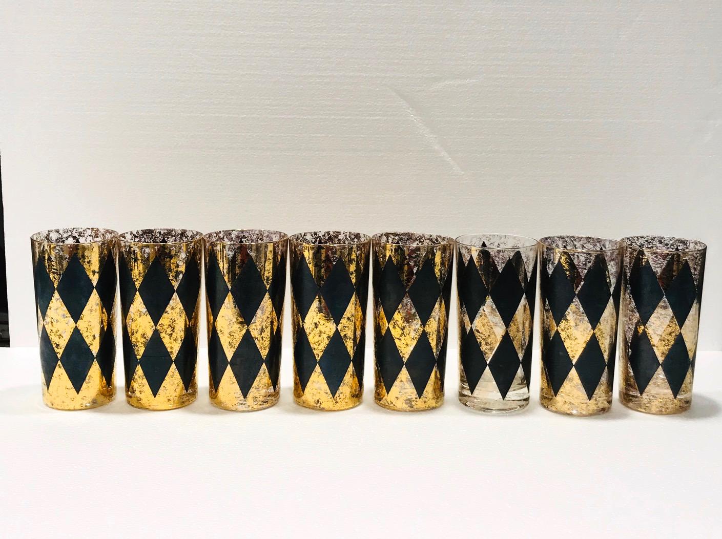 Set of Eight Hollywood Regency Tom Collins Barware Glasses in Gold & Black, 1960 In Good Condition In Fort Lauderdale, FL