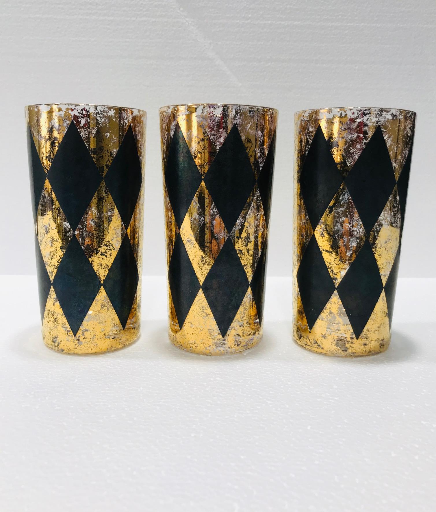 Mid-20th Century Set of Eight Hollywood Regency Tom Collins Barware Glasses in Gold & Black, 1960
