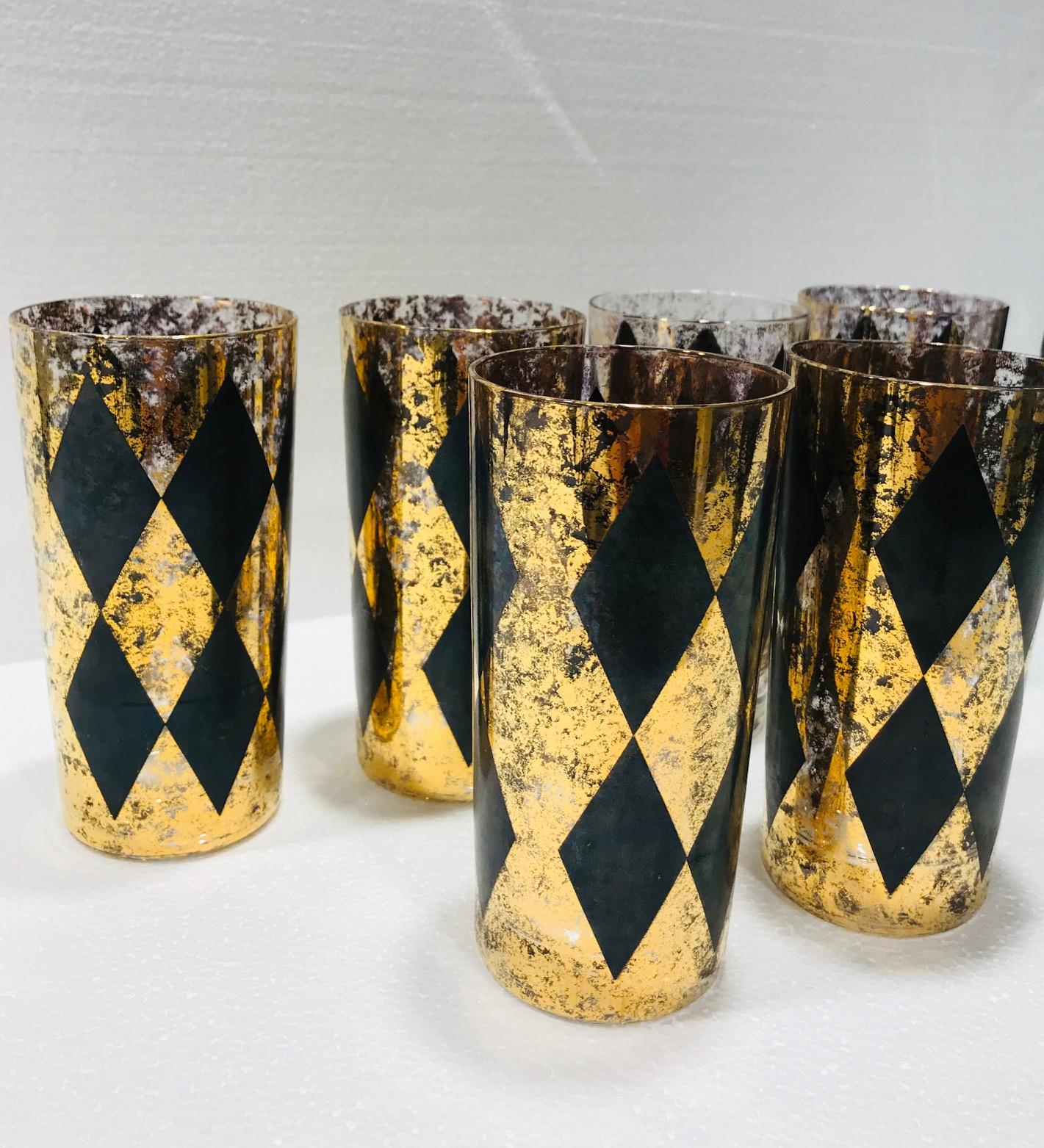 Blown Glass Set of Eight Hollywood Regency Tom Collins Barware Glasses in Gold & Black, 1960