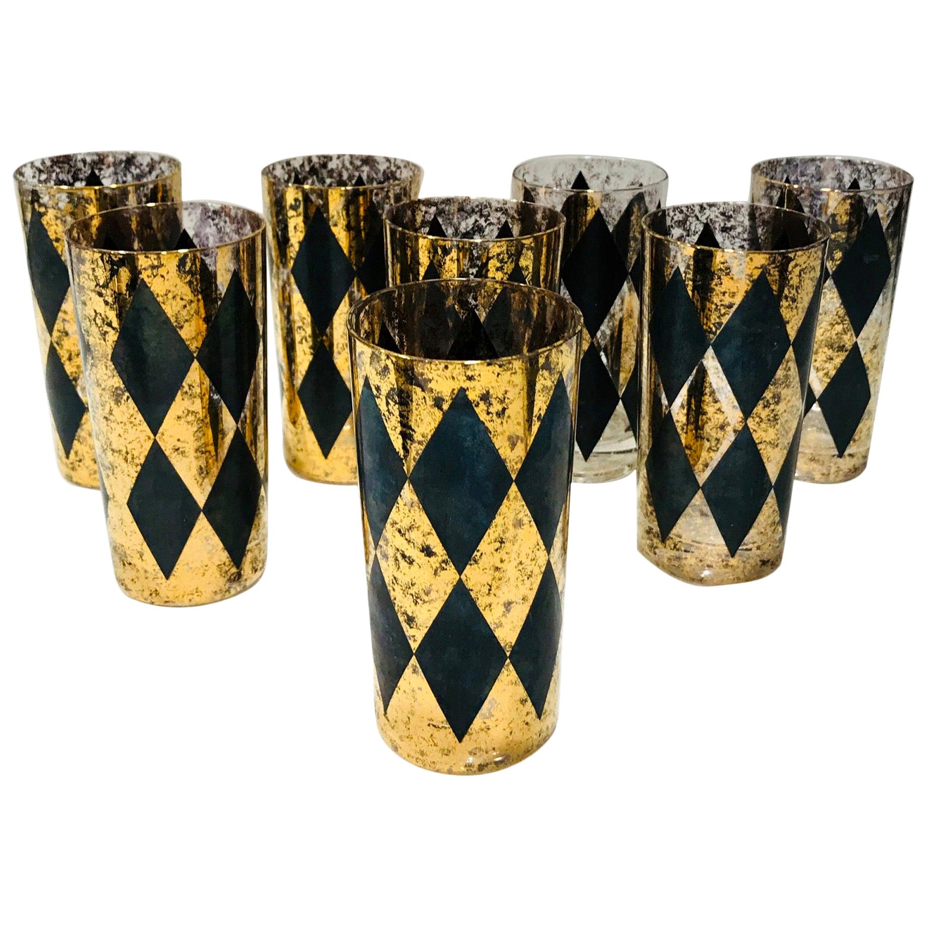 Set of Eight Hollywood Regency Tom Collins Barware Glasses in Gold & Black, 1960