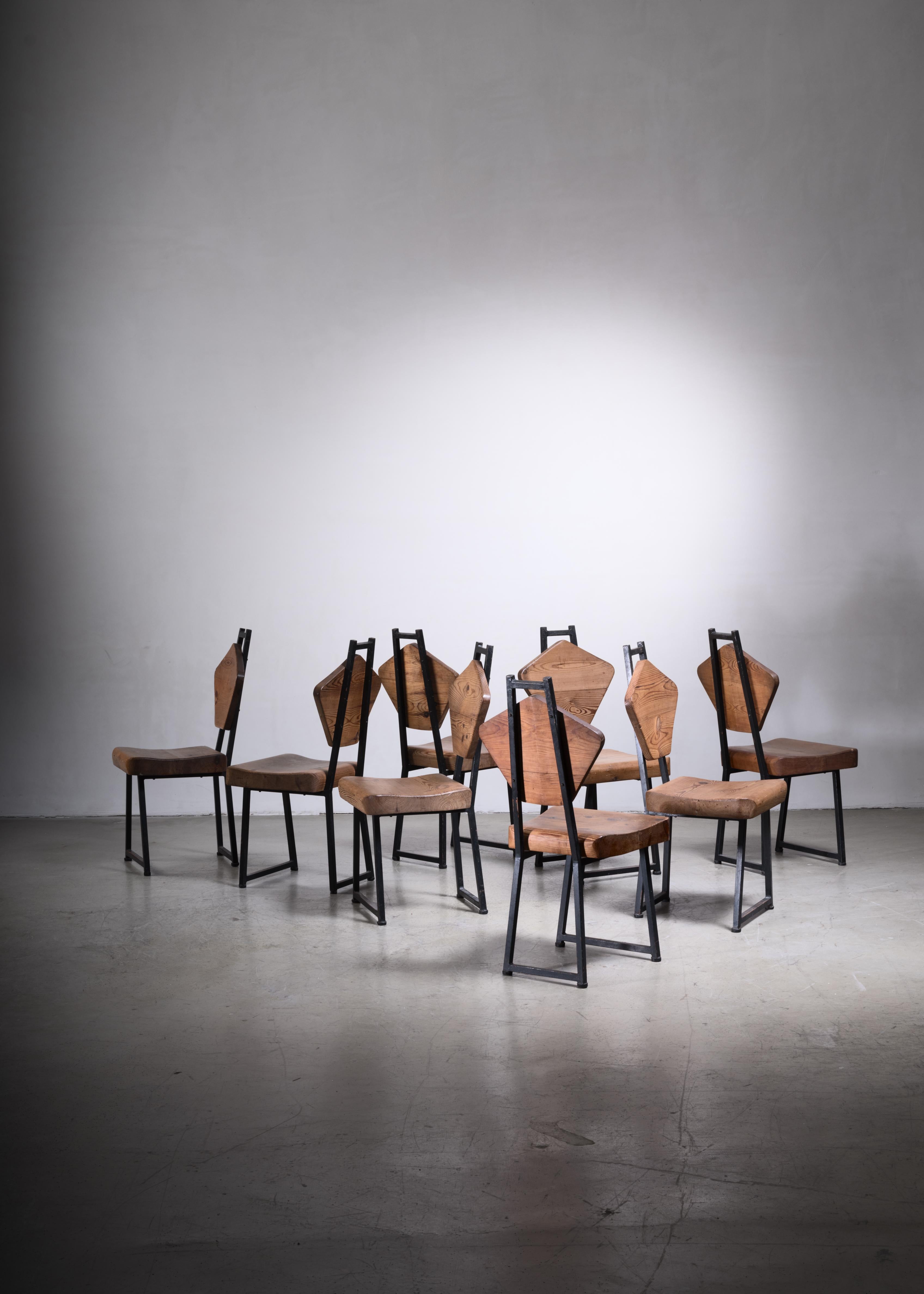 French Set of Eight Iron and Pine Dining Chairs, France, 1950s For Sale