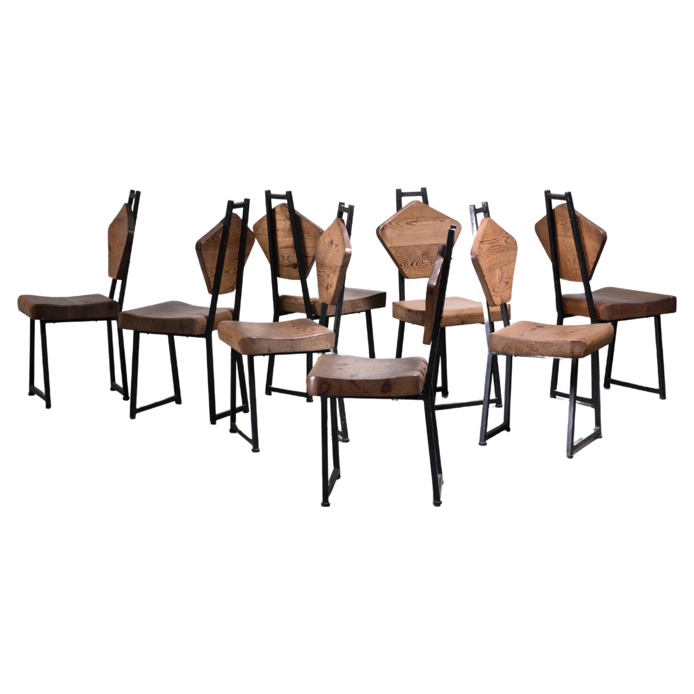 Set of Eight Iron and Pine Dining Chairs, France, 1950s