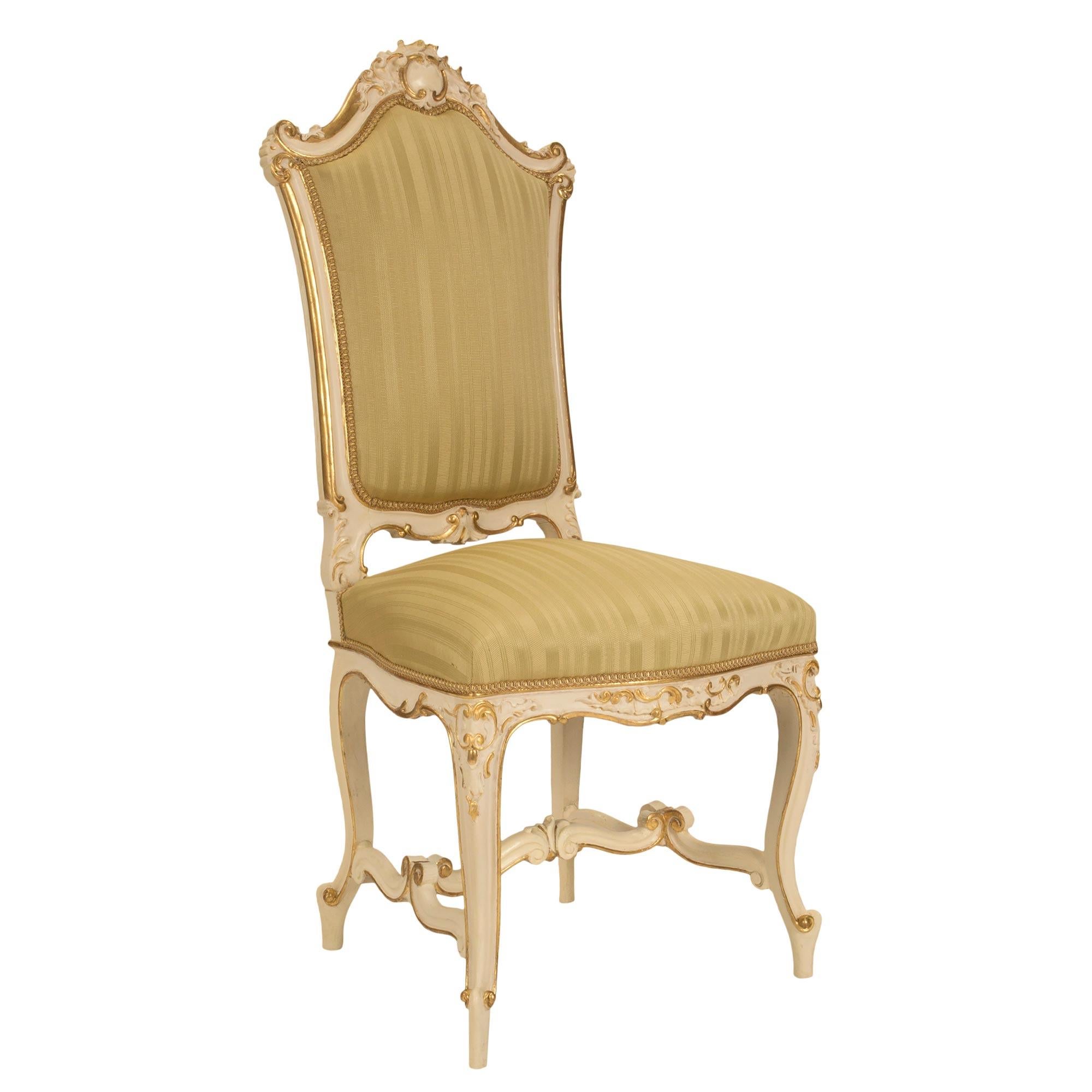Set of Eight Italian 19th Century Patinated and Giltwood Venetian Dining Chairs In Good Condition For Sale In West Palm Beach, FL