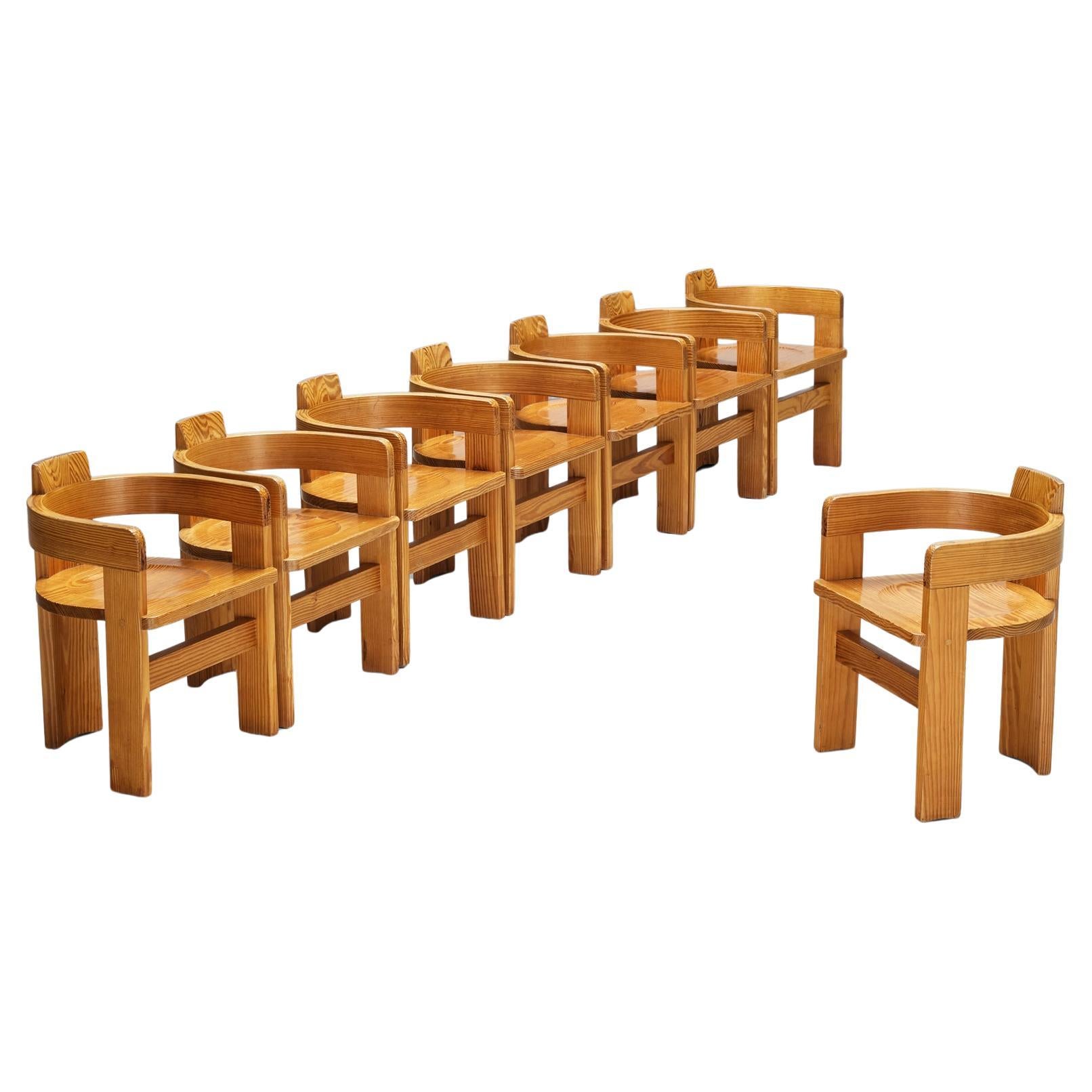 Set of Eight Italian Architectural Armchairs in Cypress Wood
