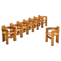Set of Eight Italian Architectural Armchairs in Cypress Wood