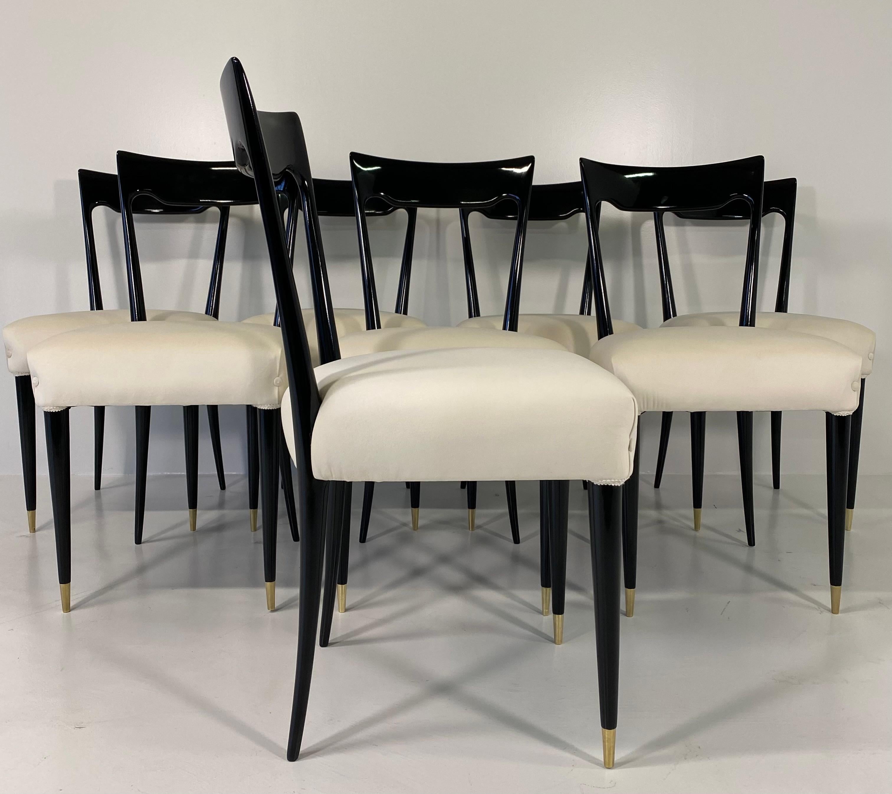 Brass Set of Eight Italian Black and Ivory Dining Chairs, 1950s