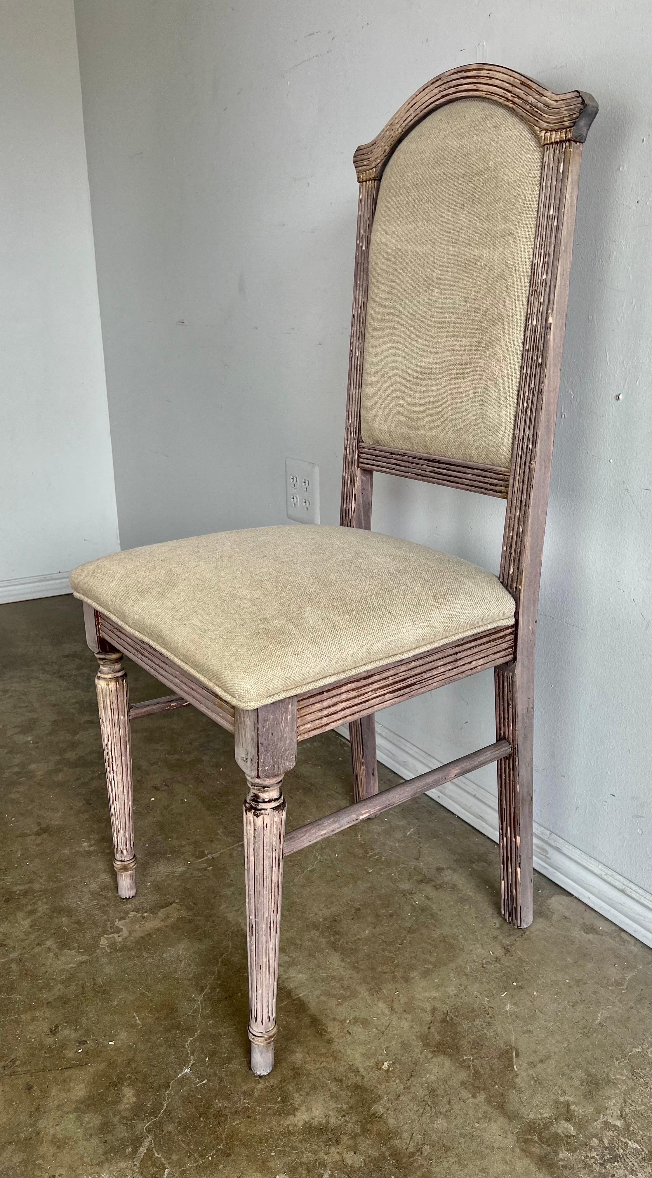 Linen Set of Eight Italian Bleached Dining Chairs C. 1900's For Sale