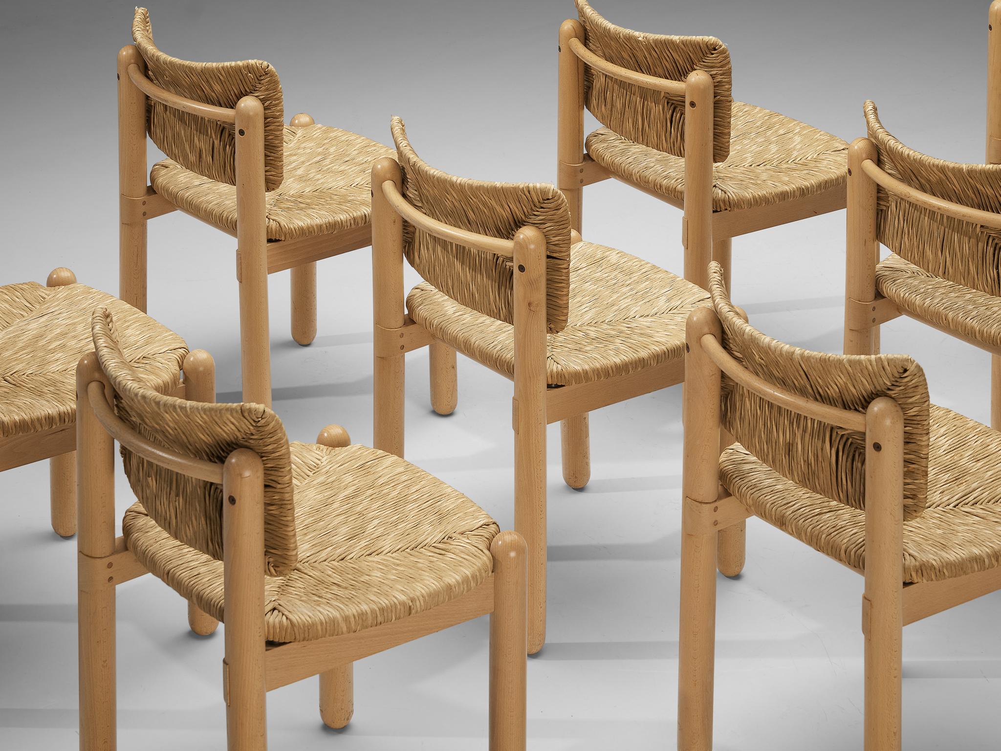 Set of Eight Italian Dining Chairs in Beech and Straw 5
