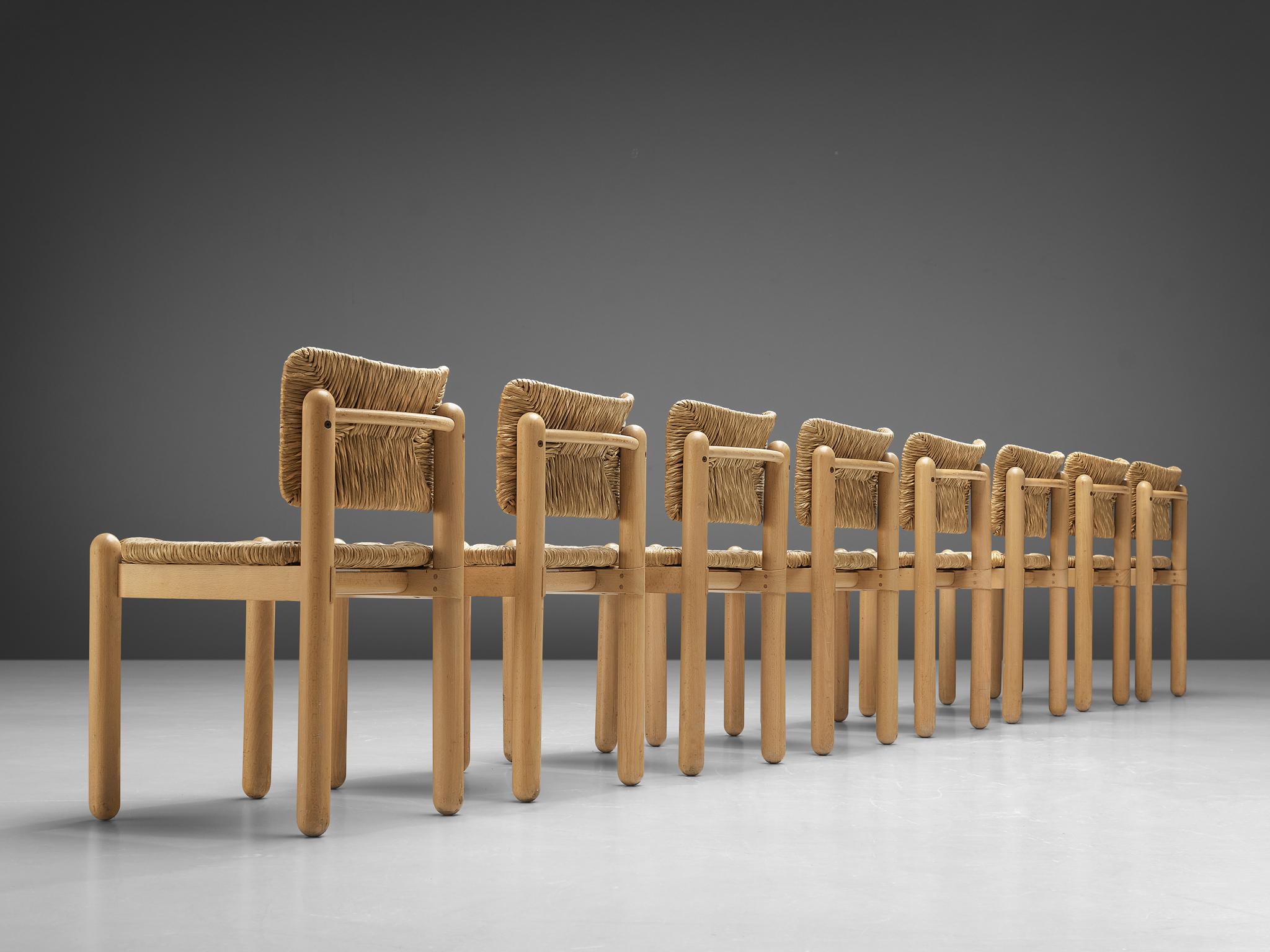 Set of Eight Italian Dining Chairs in Beech and Straw 1