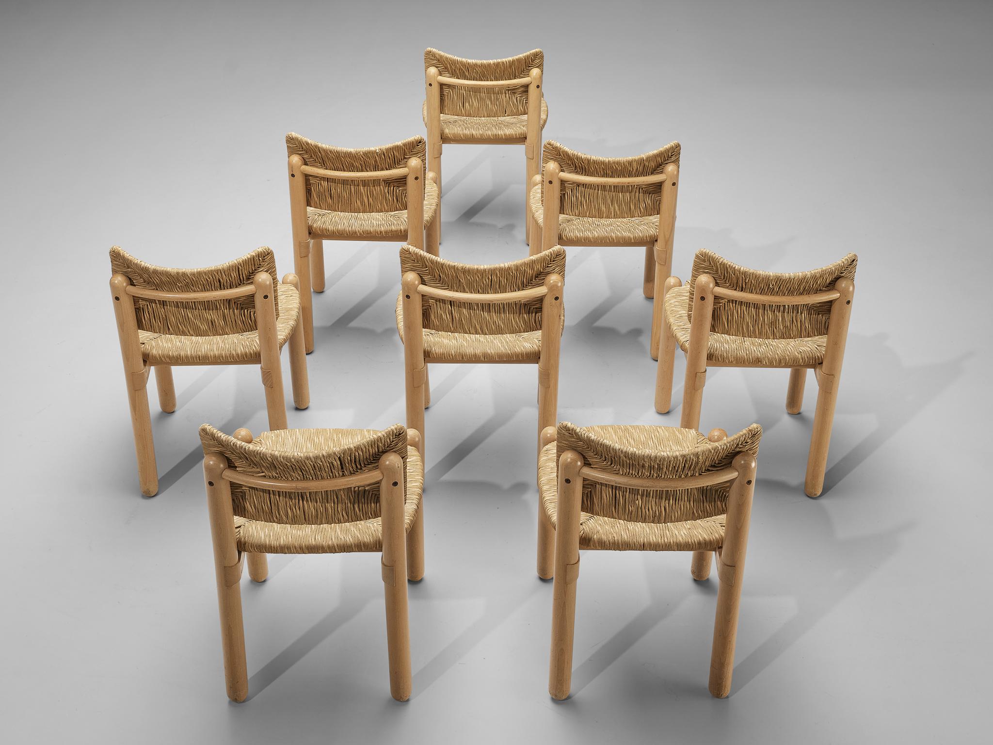 Set of Eight Italian Dining Chairs in Beech and Straw 3