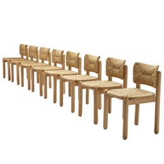 Set of Eight Italian Dining Chairs in Beech and Straw