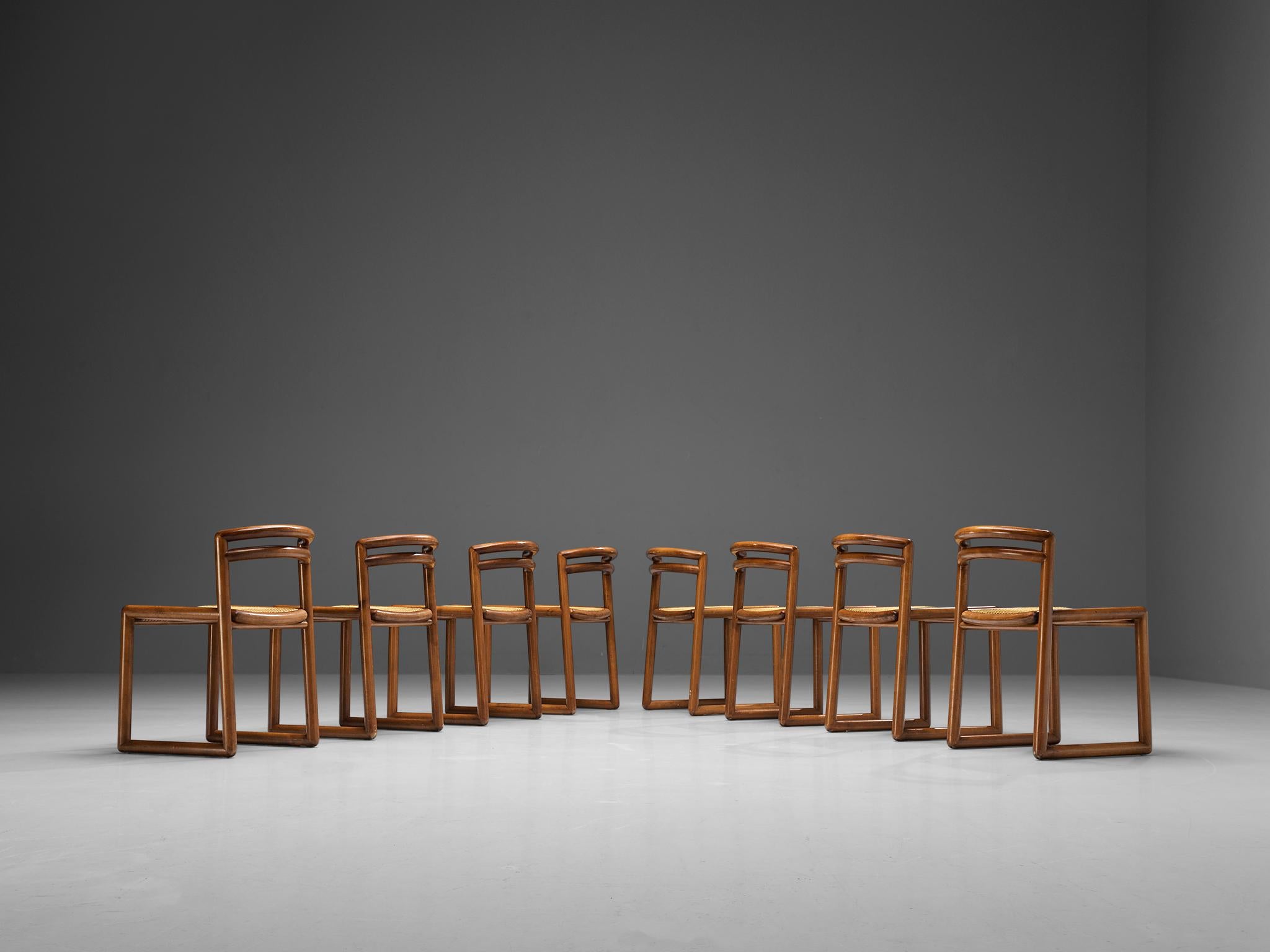Set of Eight Italian Dining Chairs in Lacquered Wood and Cane In Good Condition In Waalwijk, NL