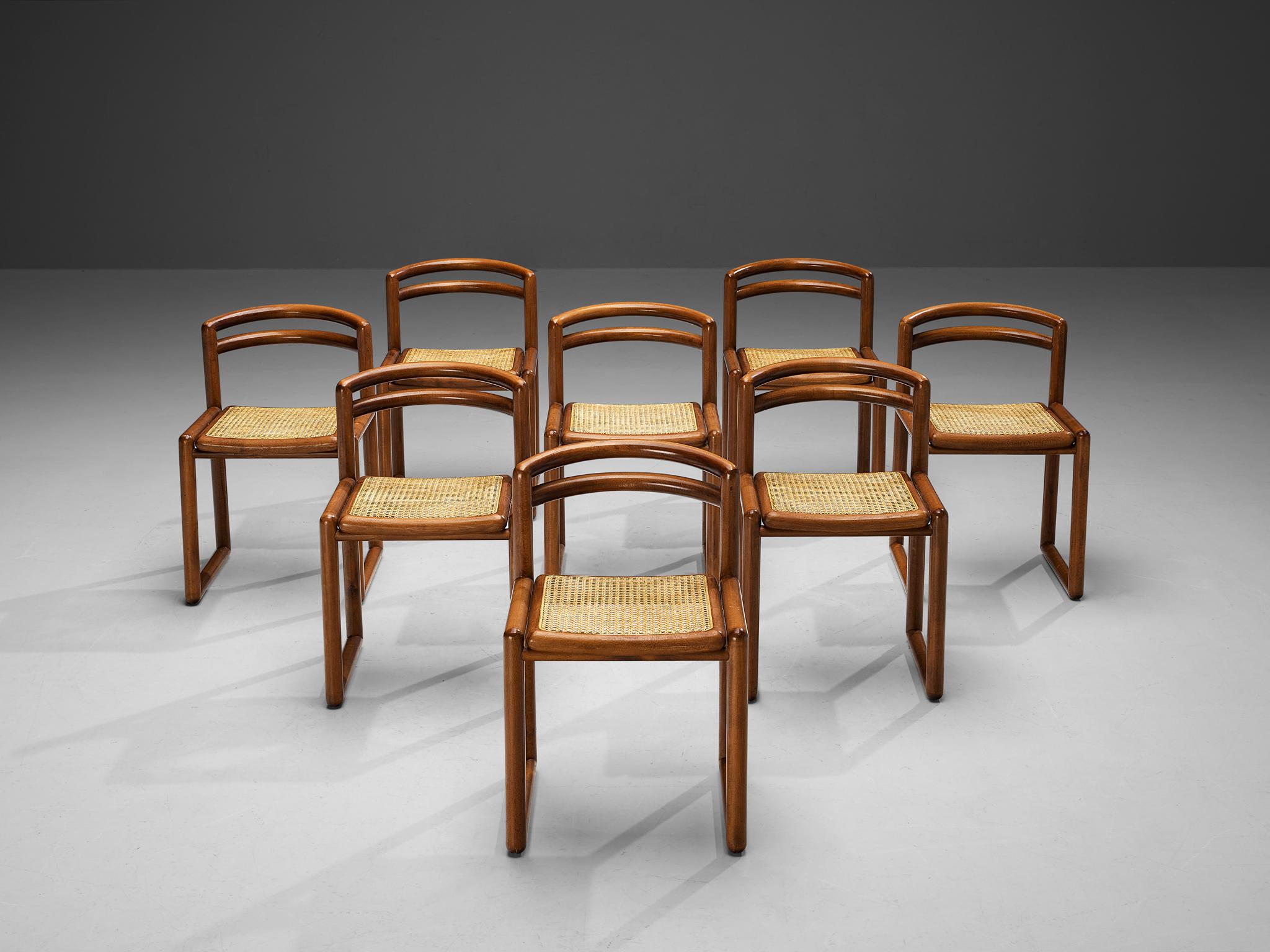 Set of Eight Italian Dining Chairs in Lacquered Wood and Cane 1