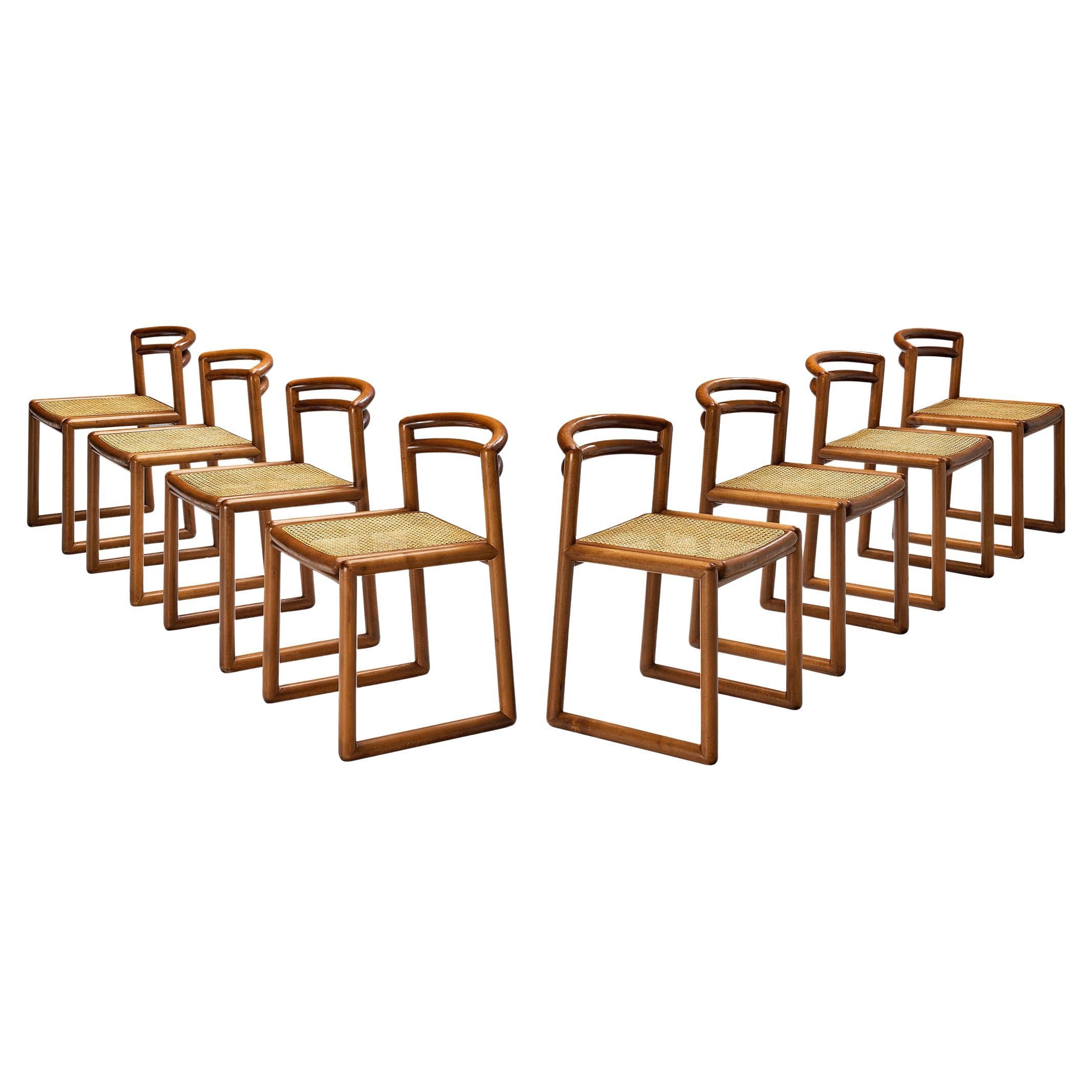 Set of Eight Italian Dining Chairs in Lacquered Wood and Cane
