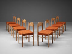 Set of Eight Italian Dining Chairs in Oak and Orange Bouclé Fabric