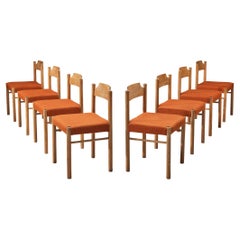 Set of Eight Italian Dining Chairs in Oak and Orange Bouclé Fabric