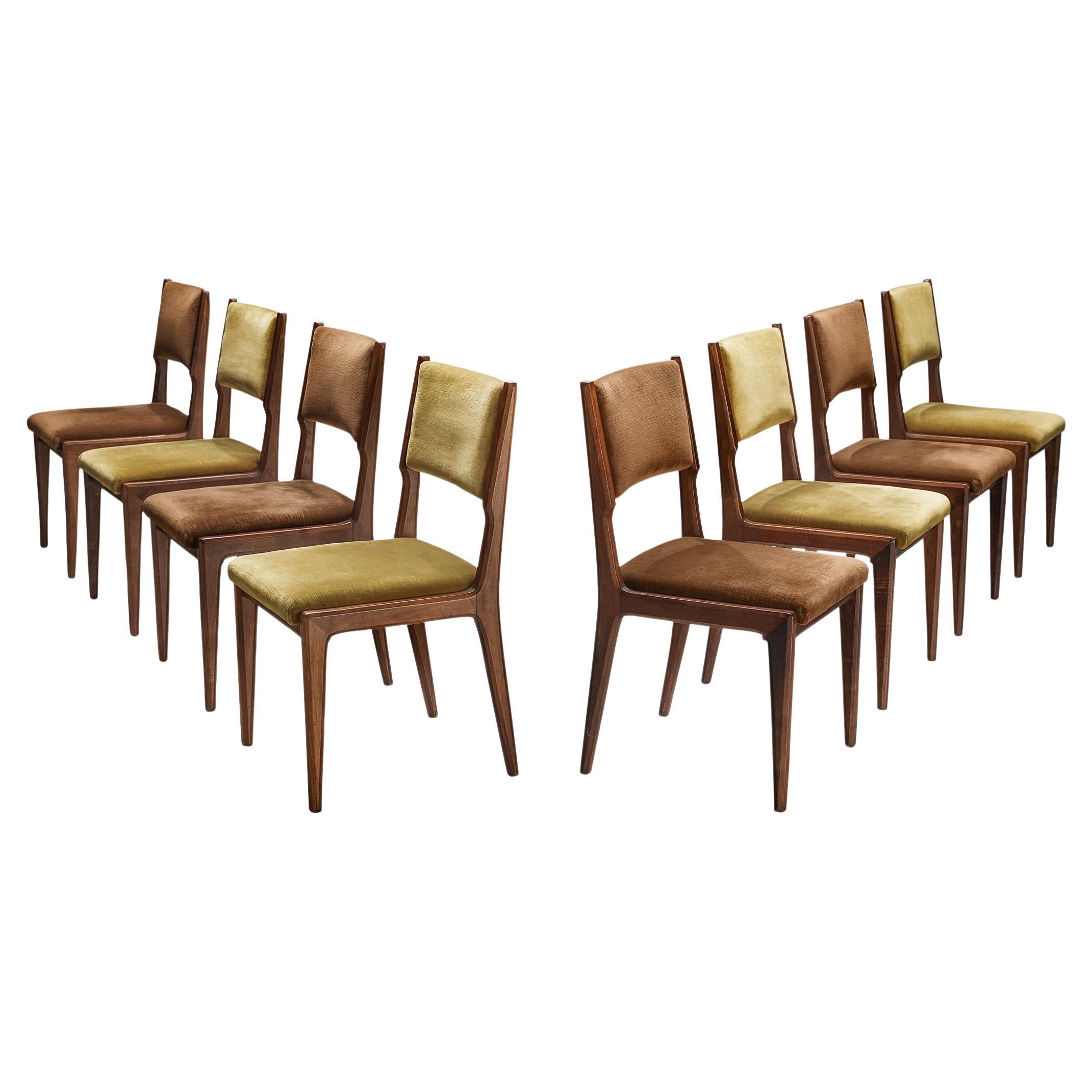 Set of Eight Italian Dining Chairs in Walnut and Bicolor Velvet