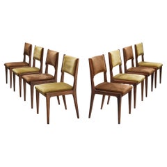 Set of Eight Italian Dining Chairs in Walnut and Bicolor Velvet Upholstery