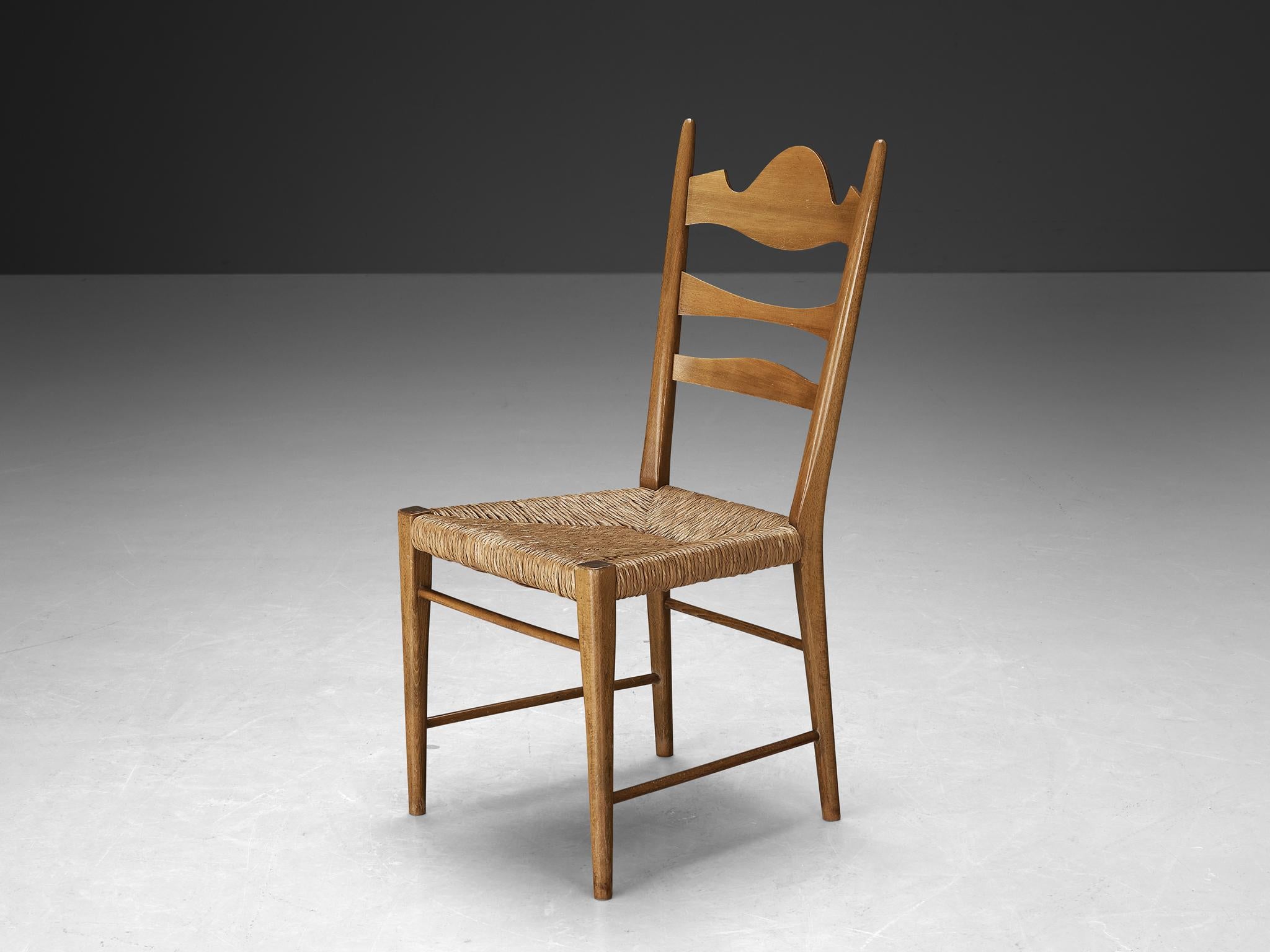 Mid-20th Century Set of Eight Italian Dining Chairs with Carved Backs and Straw Seats  For Sale