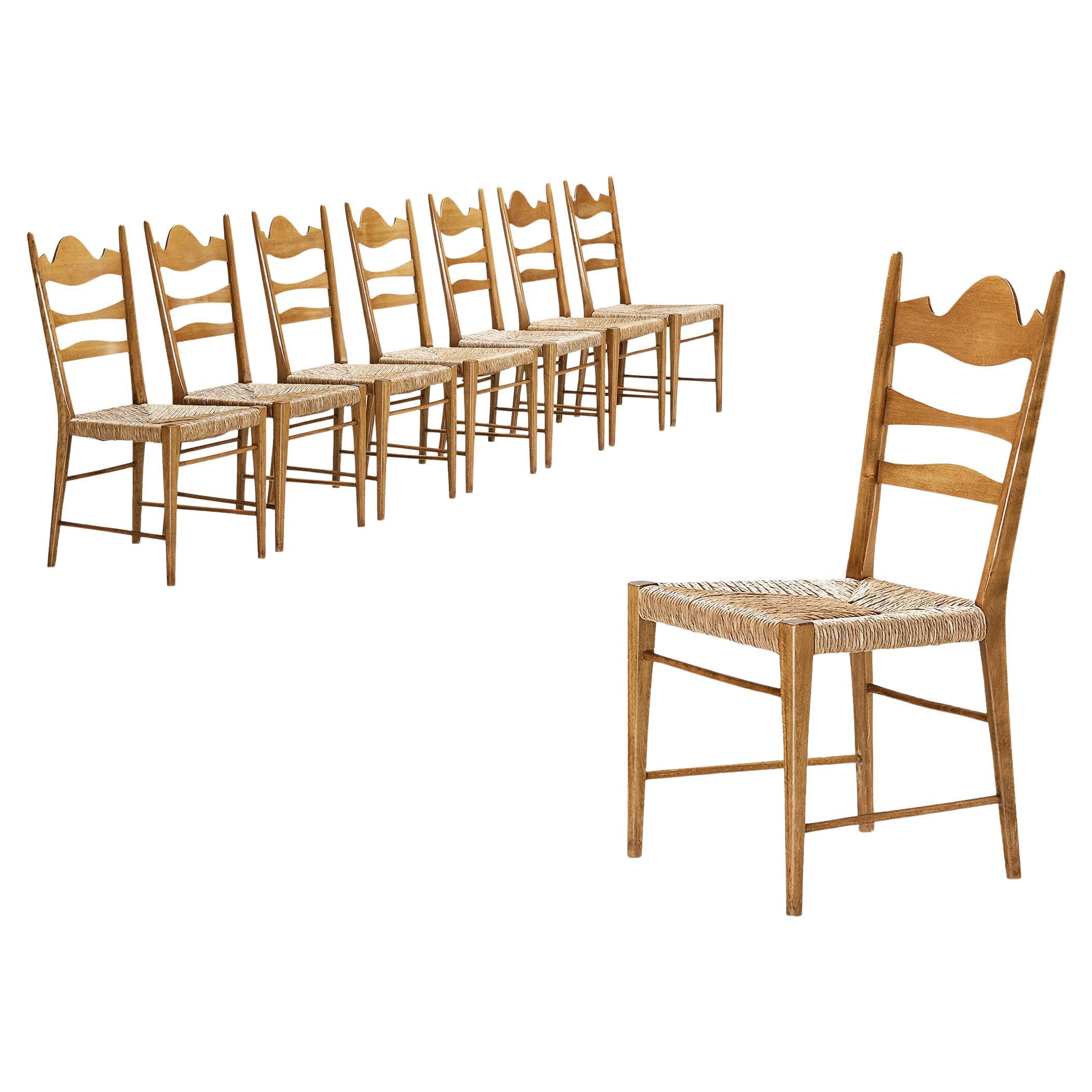 Set of Eight Italian Dining Chairs with Carved Backs and Straw Seats 