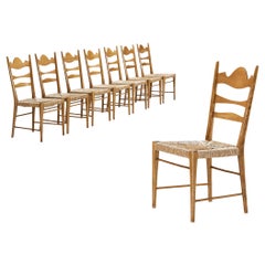 Set of Eight Italian Dining Chairs with Carved Backs and Straw Seats