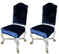 Set of Eight Italian Early 20th C. Gilded and Painted Chairs with Blue Velvet