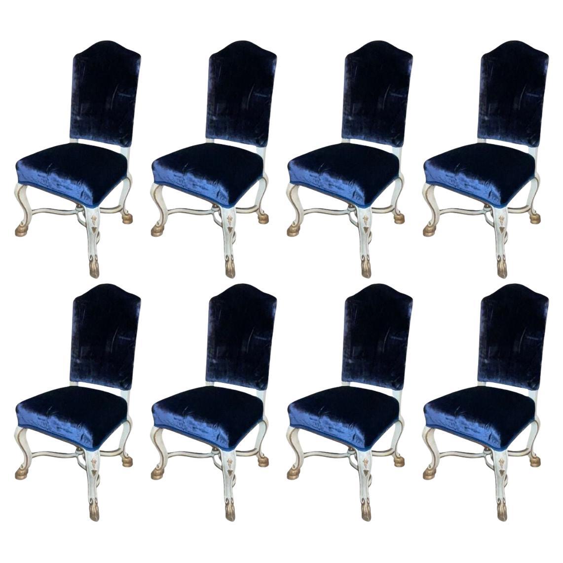 Set of Eight Italian Early 20th C. Gilded and Painted Chairs with Blue Velvet For Sale