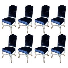 Set of Eight Italian Early 20th C. Gilded and Painted Chairs with Blue Velvet
