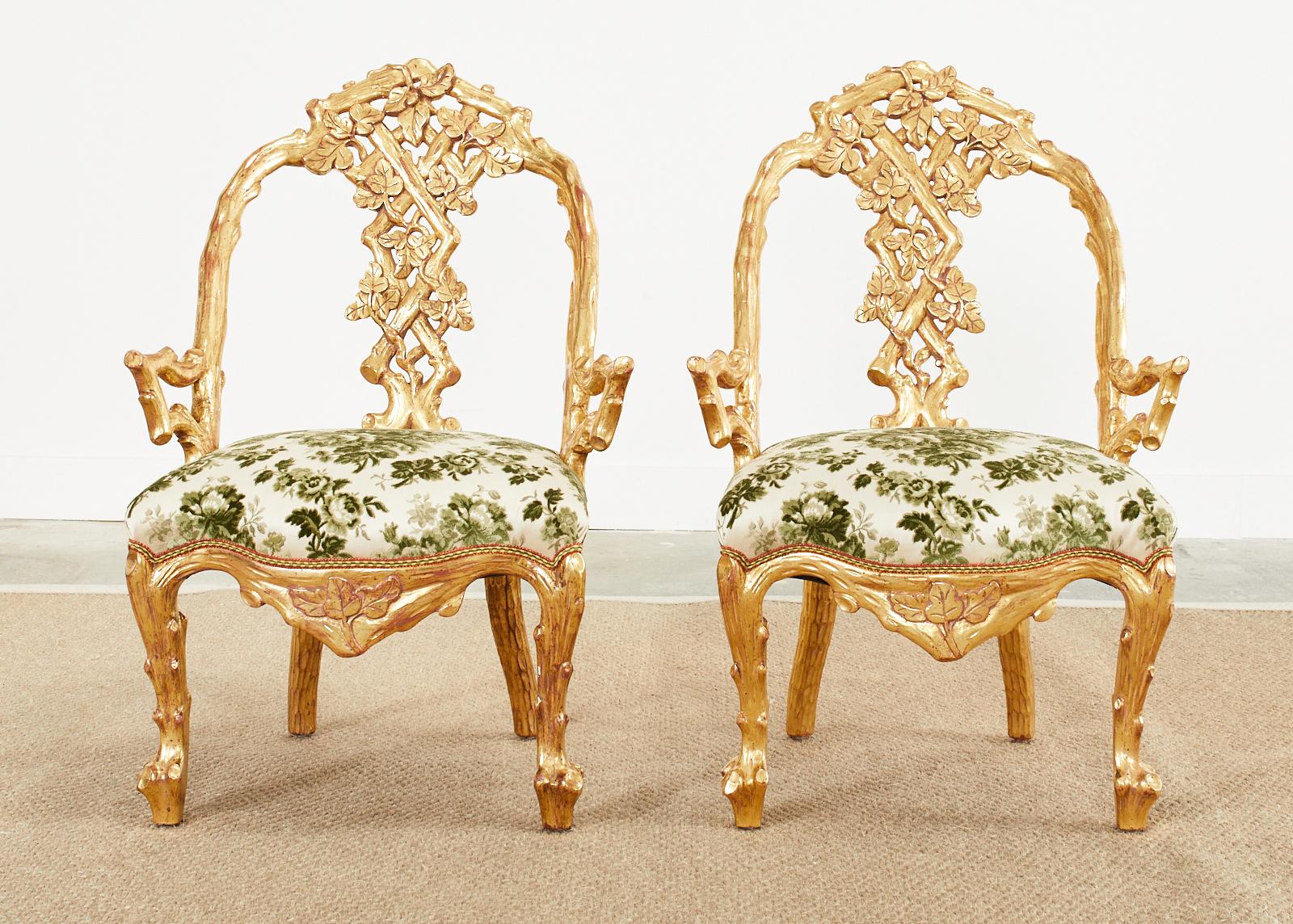Napoleon III Set of Eight Italian Giltwood Faux Bois Dining Chairs For Sale