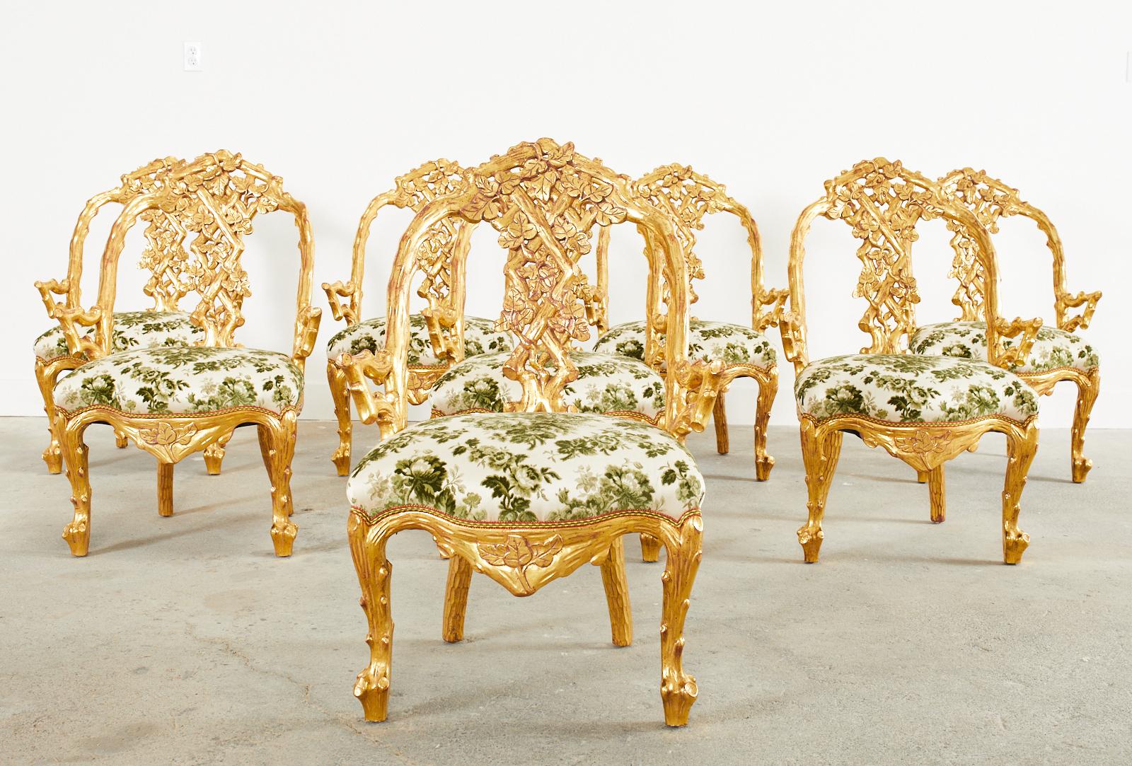 Hand-Crafted Set of Eight Italian Giltwood Faux Bois Dining Chairs For Sale