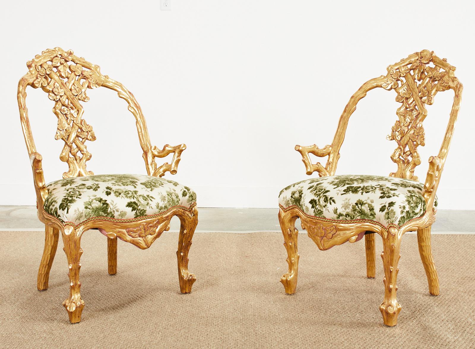 Set of Eight Italian Giltwood Faux Bois Dining Chairs In Good Condition For Sale In Rio Vista, CA