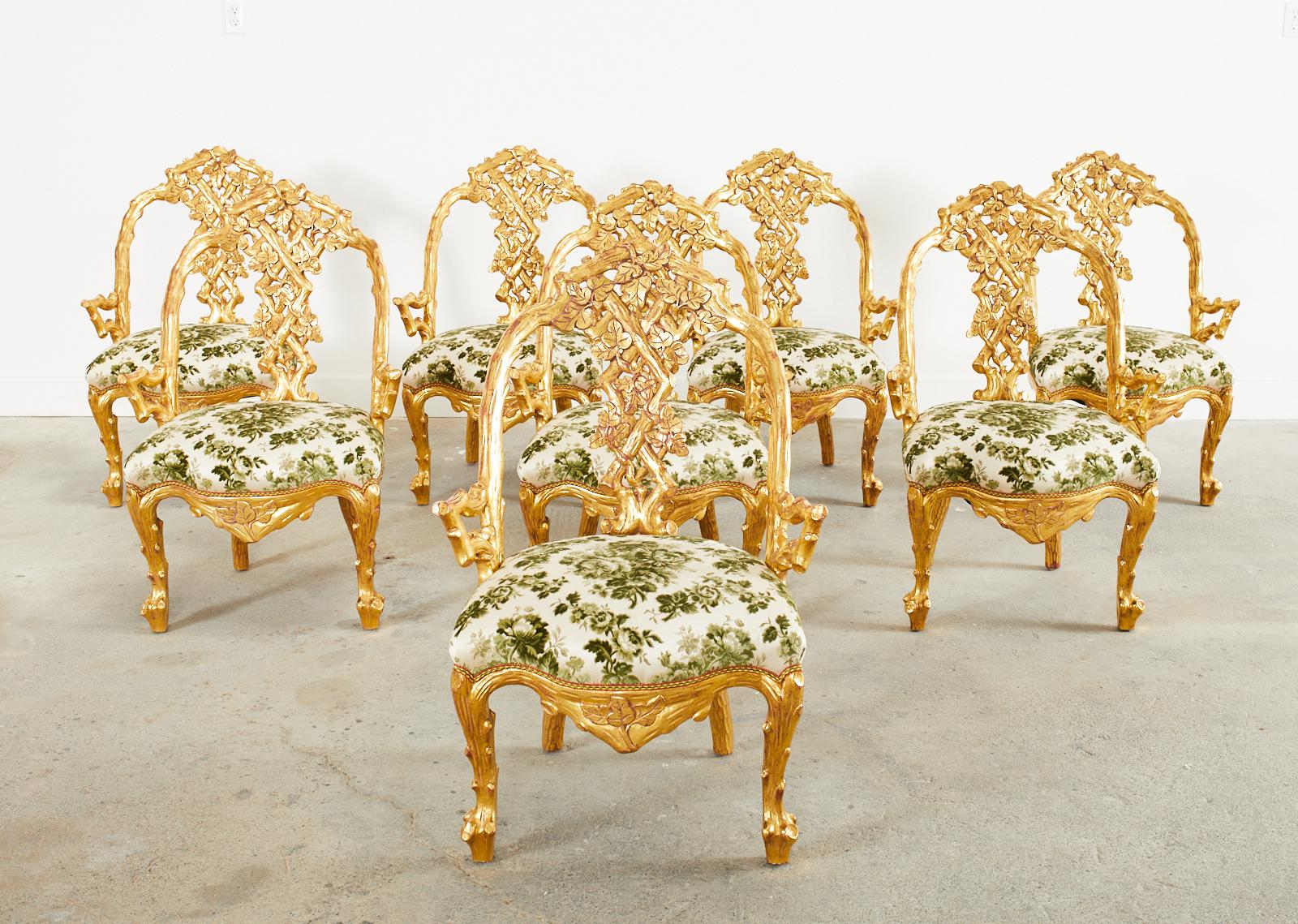 20th Century Set of Eight Italian Giltwood Faux Bois Dining Chairs For Sale