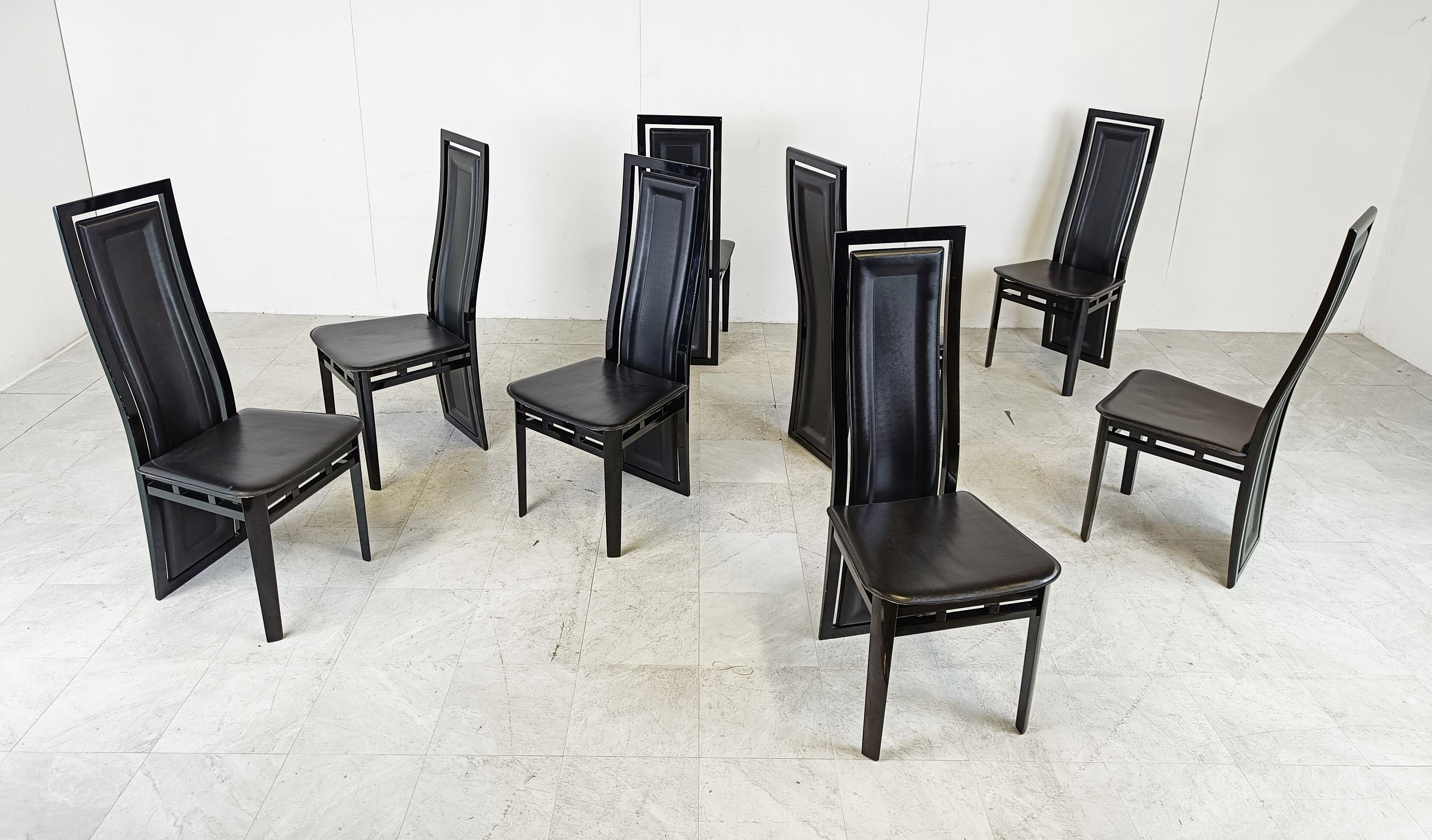 Set of Eight Italian Lacquered Wood and Leather Modern Dining Chairs For Sale 1
