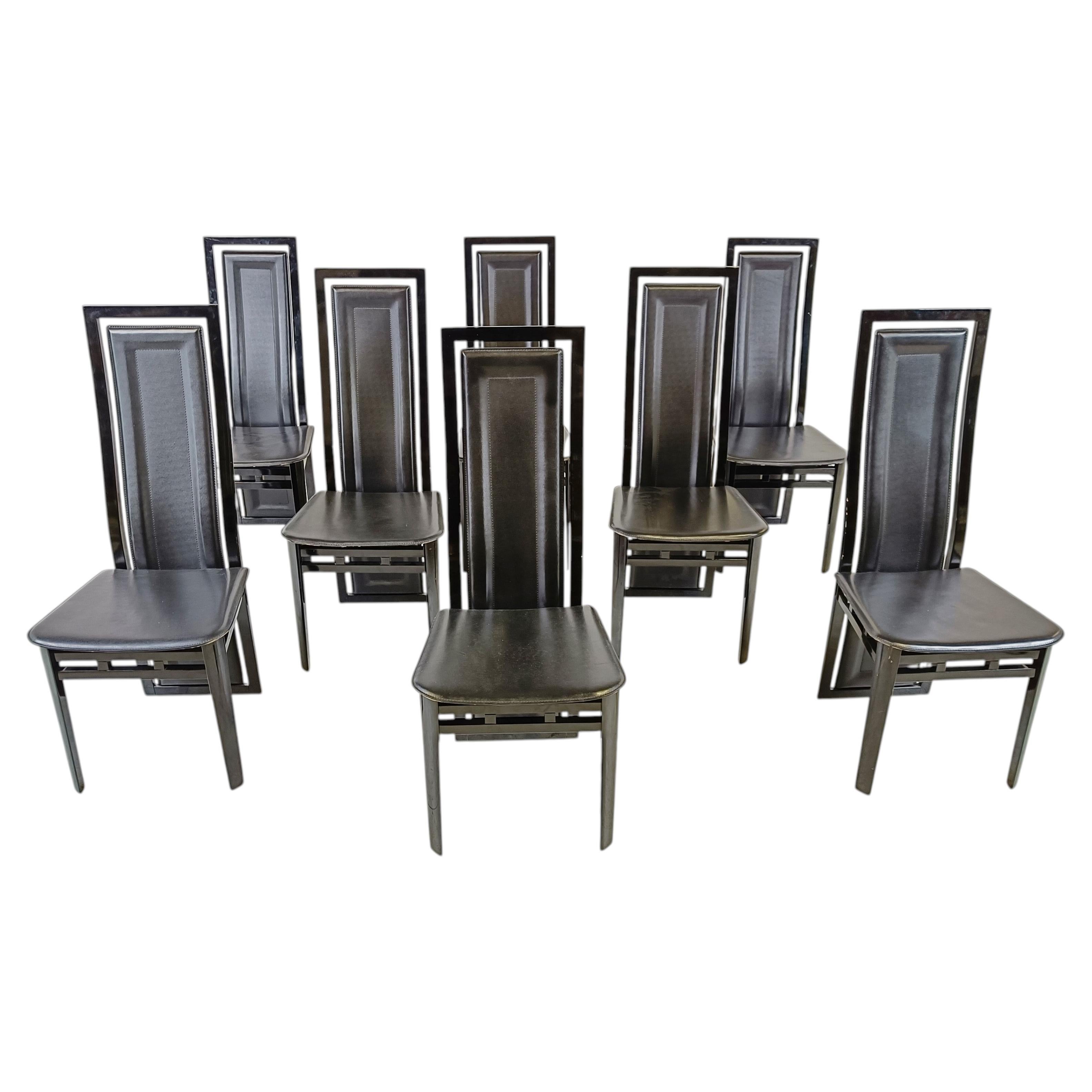 Set of Eight Italian Lacquered Wood and Leather Modern Dining Chairs
