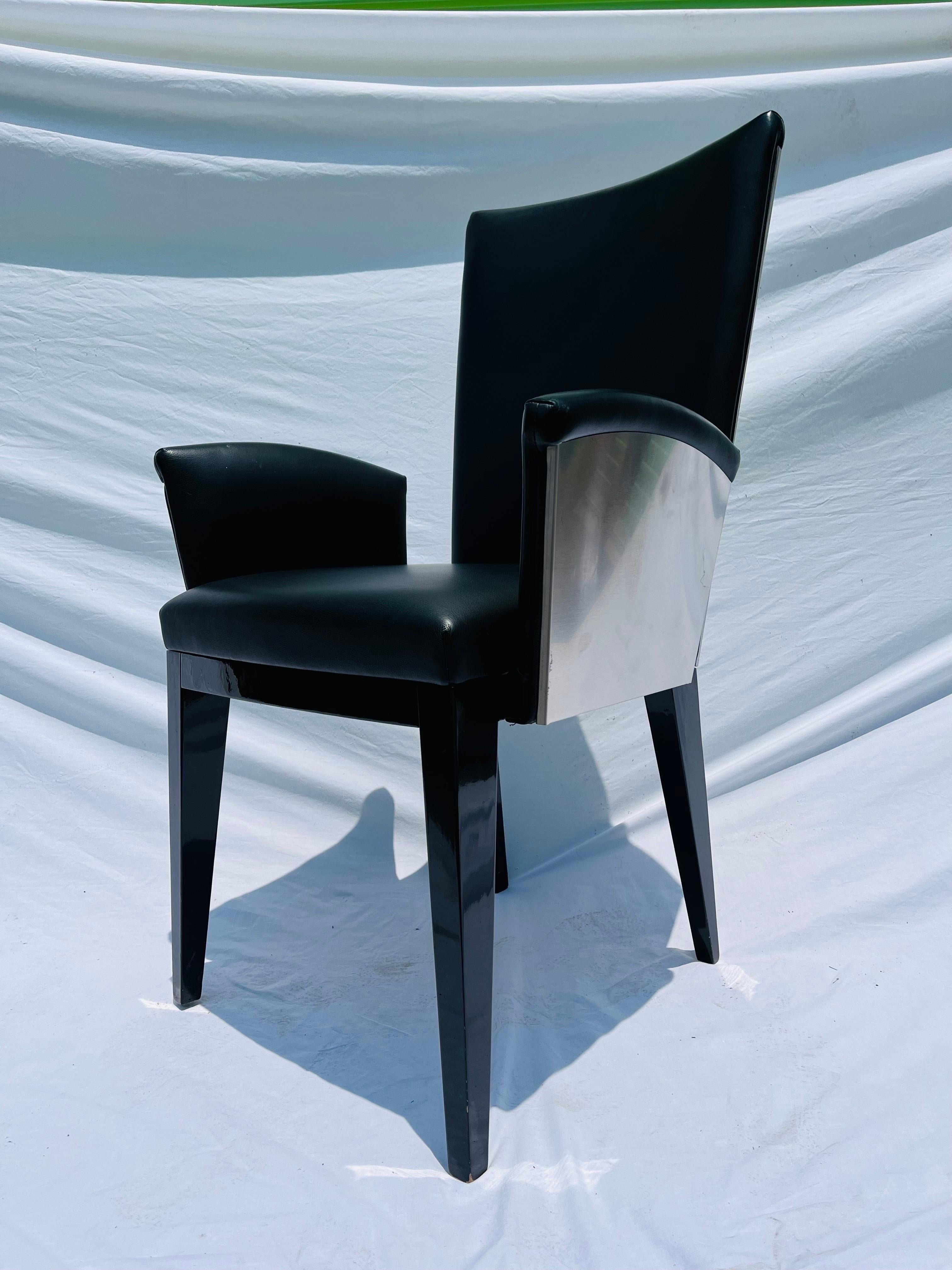 Set of Eight Italian Modern Dining Arm Chairs in Leather Stainless Steel Wood 12
