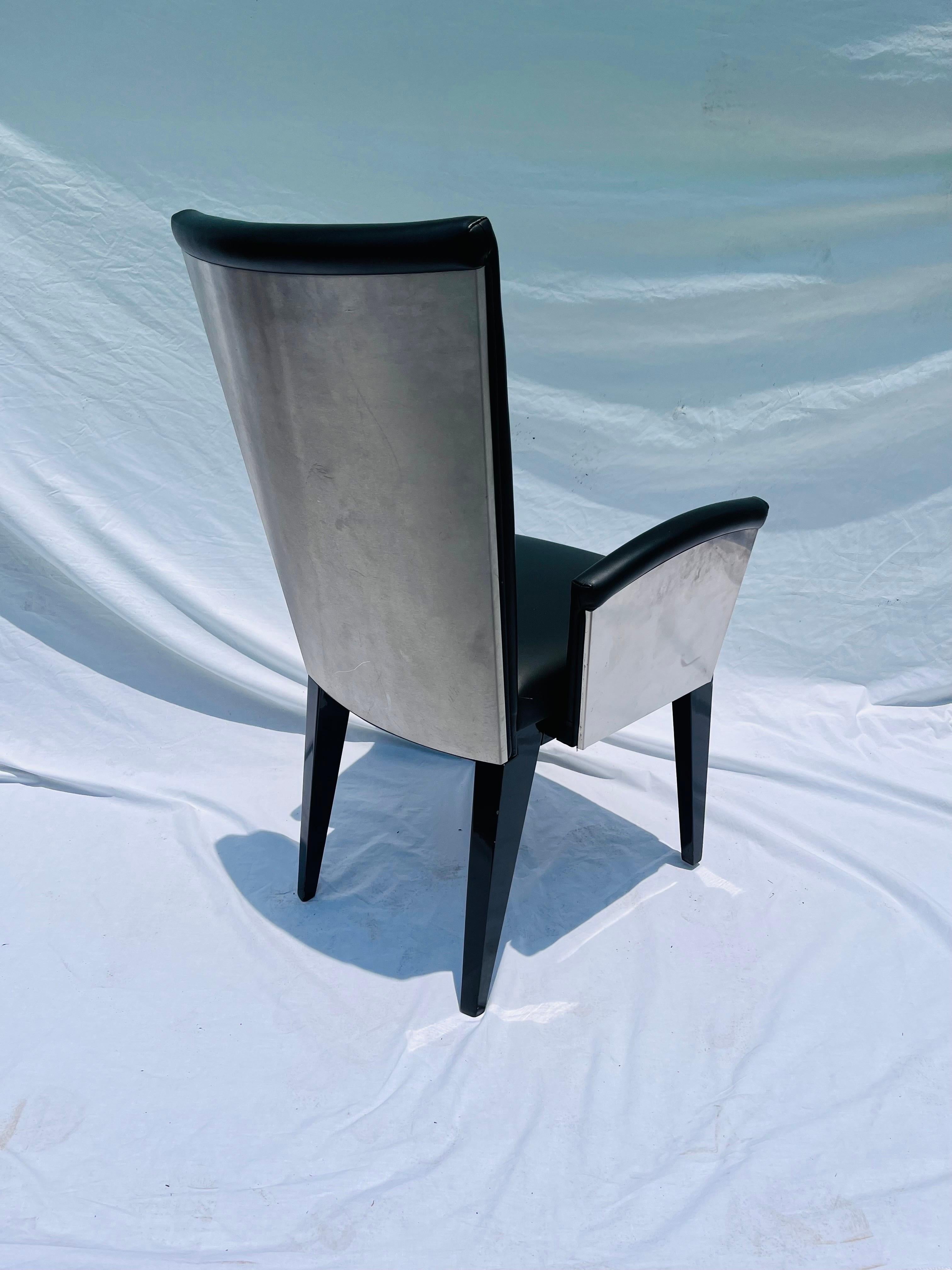Post-Modern Set of Eight Italian Modern Dining Arm Chairs in Leather Stainless Steel Wood  For Sale