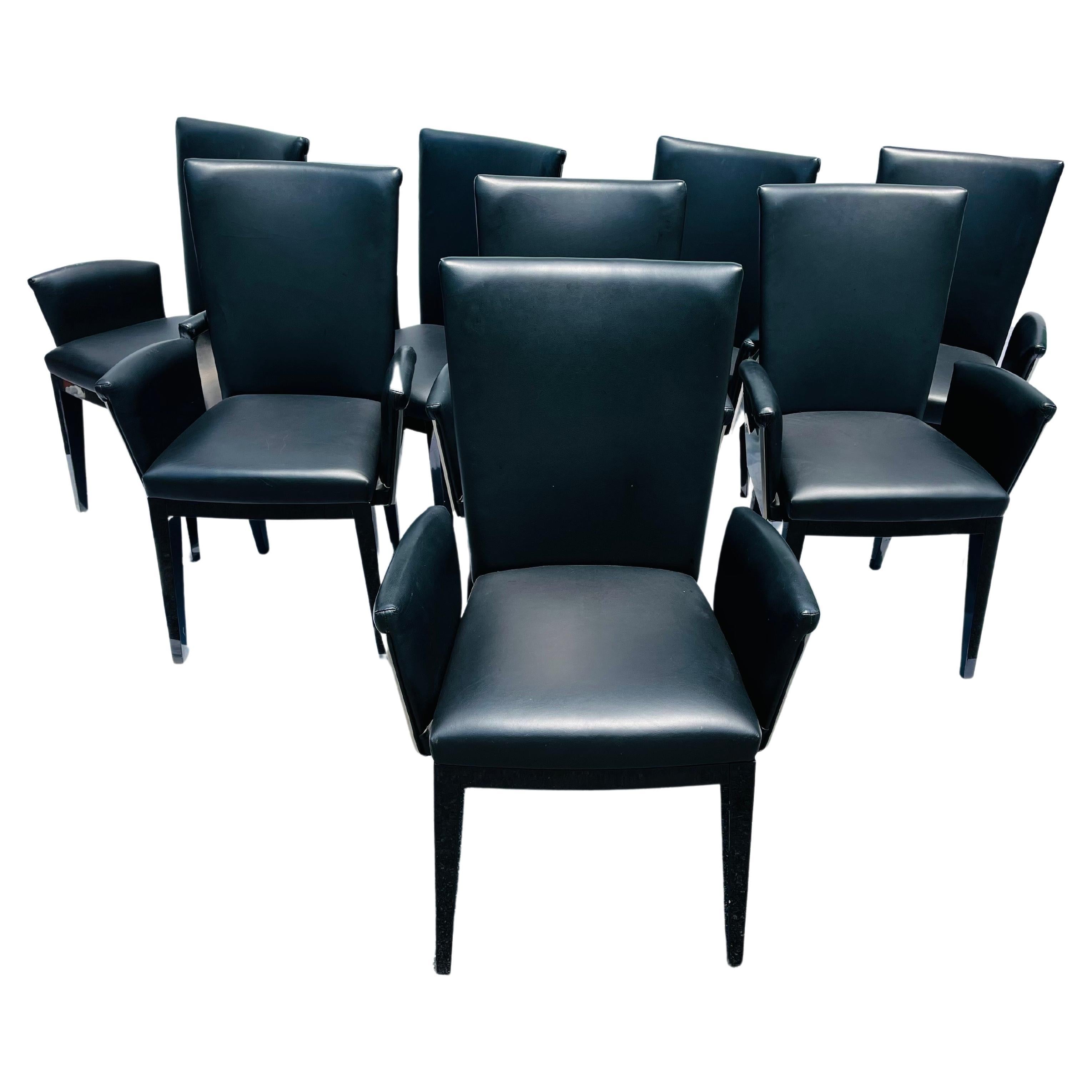 Set of Eight Italian Modern Dining Arm Chairs in Leather Stainless Steel Wood  For Sale