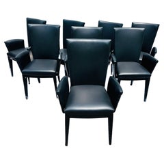 Set of Eight Italian Modern Dining Arm Chairs in Leather Stainless Steel Wood