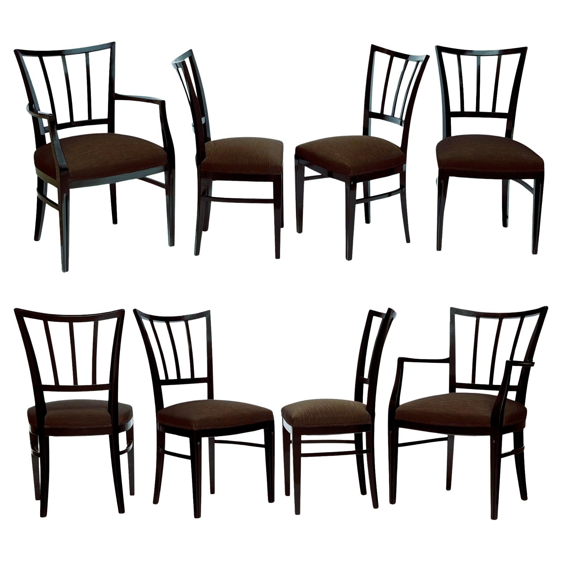 Ensemble de huit chaises de salle à manger modernes italiennes en Wood Wood noir et tissu Espresso