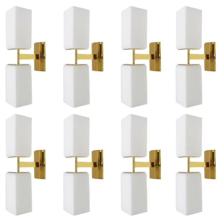 Set of Eight Italian Modern Sconces w/ White Murano Glass on Brass, 1990s For Sale