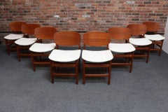 Set of Eight Italian Modern Shell Dining Chairs in Teak and Bouclé by Saporiti