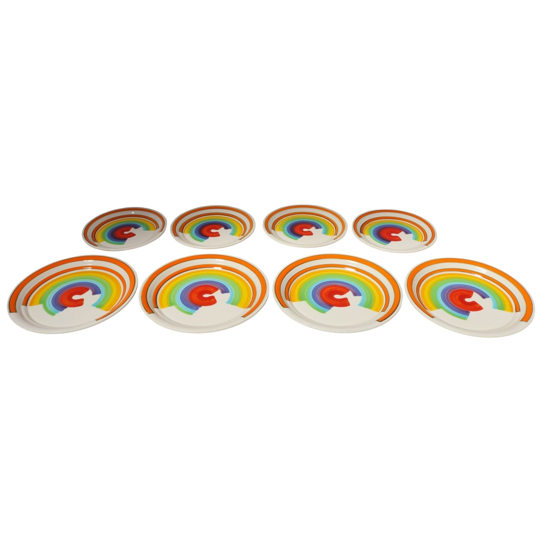 Set of Eight Italian Porcelain Salad and Dinner "Rainbow" Plates by Mancer