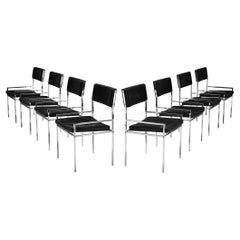 Set of Eight Italian Postmodern Dining Chairs in Chrome and Black Leather
