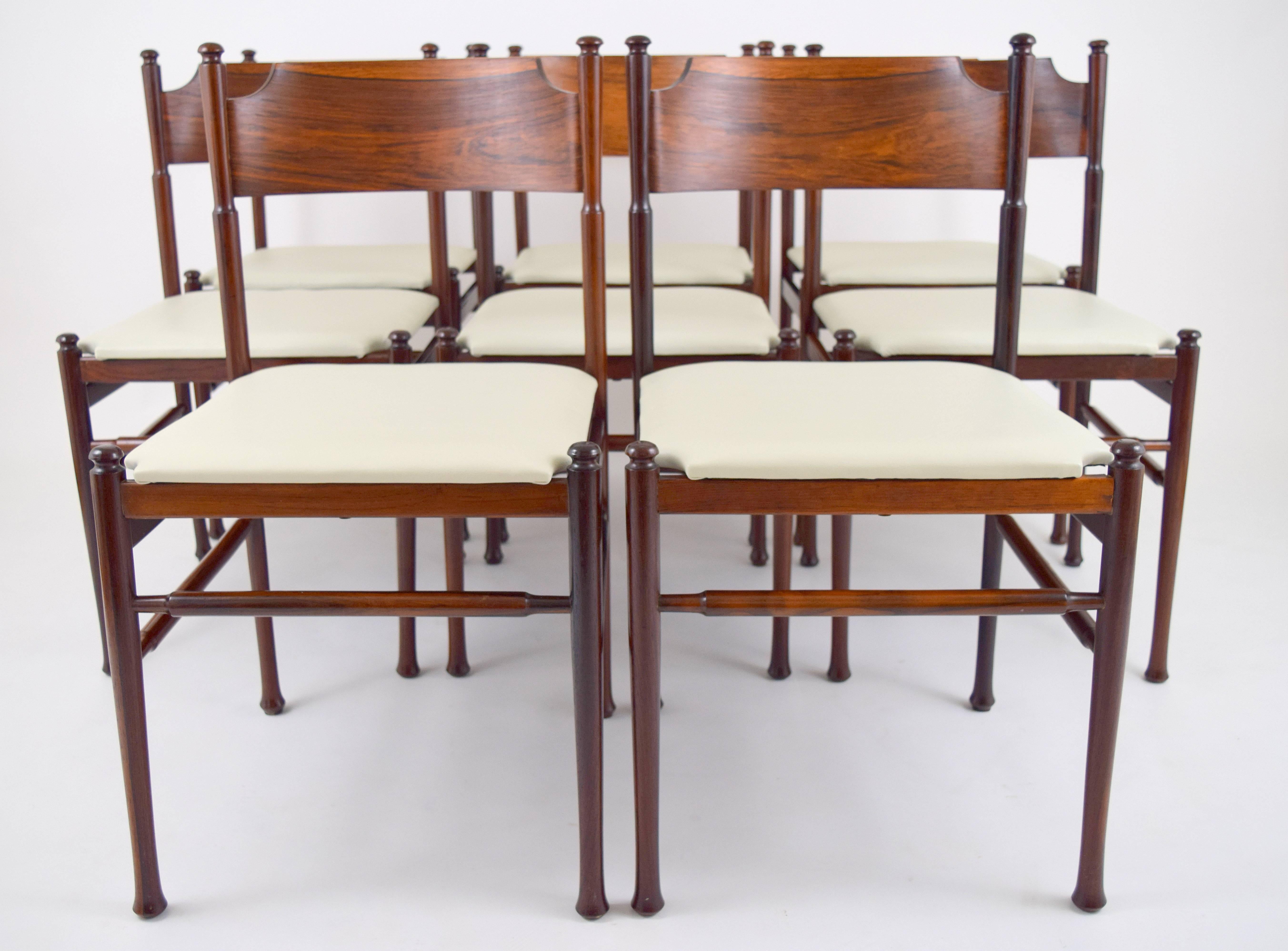 Mid-Century Modern Set of Eight Italian Rosewood and Leather Chairs in the Style of Osvaldo Borsani