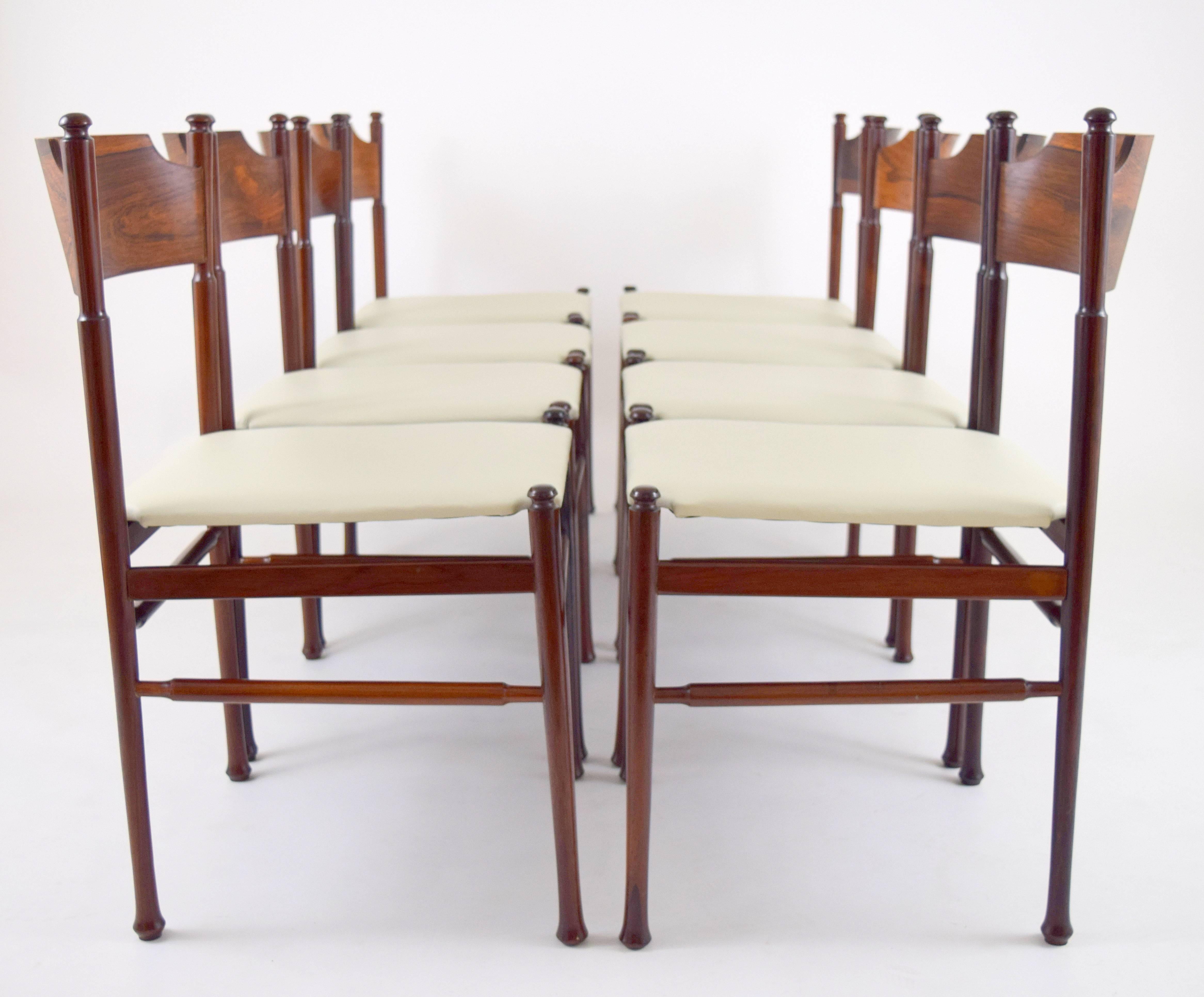 Mid-20th Century Set of Eight Italian Rosewood and Leather Chairs in the Style of Osvaldo Borsani