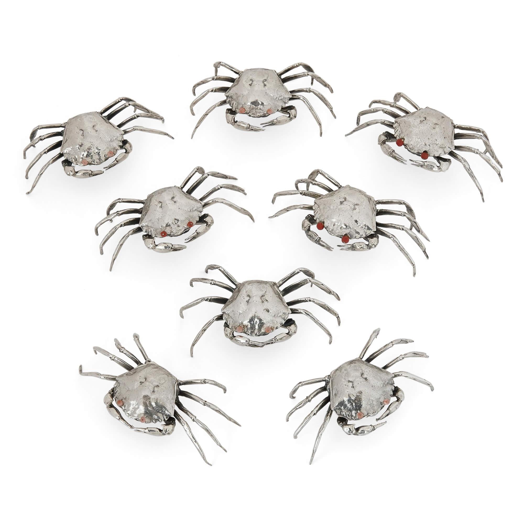 These charming silver boxes, which could have been made as salt and pepper or pill pots, are each crafted to resemble a small crab. Crafted with great precision and superbly realistic, they make for a highly desirable set of collectibles. They all